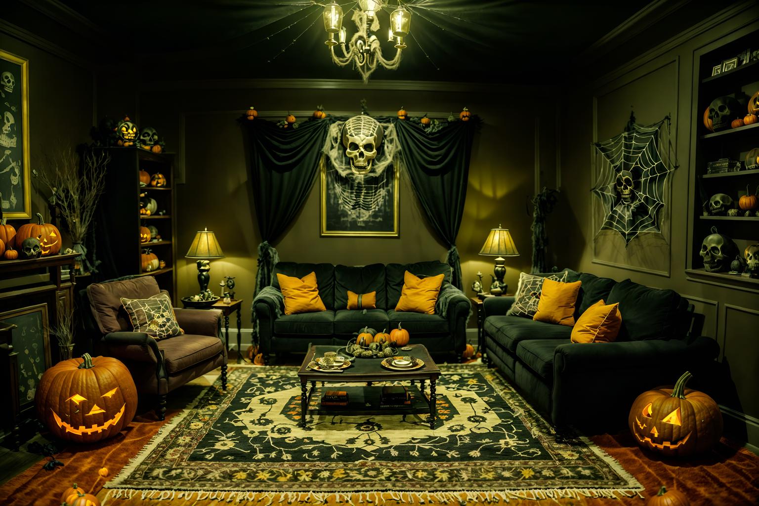 halloween-style (living room interior) with sofa and furniture and coffee tables and rug and chairs and plant and televisions and occasional tables. . with human skulls and cobwebs and spiderwebs and cobwebs and skeletons sitting and standing and glowing pumpkins and yellow black balloons and lanterns. . cinematic photo, highly detailed, cinematic lighting, ultra-detailed, ultrarealistic, photorealism, 8k. halloween interior design style. masterpiece, cinematic light, ultrarealistic+, photorealistic+, 8k, raw photo, realistic, sharp focus on eyes, (symmetrical eyes), (intact eyes), hyperrealistic, highest quality, best quality, , highly detailed, masterpiece, best quality, extremely detailed 8k wallpaper, masterpiece, best quality, ultra-detailed, best shadow, detailed background, detailed face, detailed eyes, high contrast, best illumination, detailed face, dulux, caustic, dynamic angle, detailed glow. dramatic lighting. highly detailed, insanely detailed hair, symmetrical, intricate details, professionally retouched, 8k high definition. strong bokeh. award winning photo.