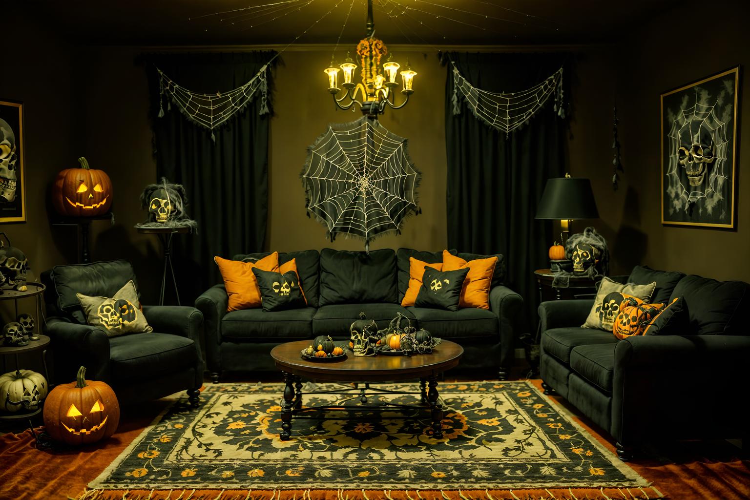 halloween-style (living room interior) with sofa and furniture and coffee tables and rug and chairs and plant and televisions and occasional tables. . with human skulls and cobwebs and spiderwebs and cobwebs and skeletons sitting and standing and glowing pumpkins and yellow black balloons and lanterns. . cinematic photo, highly detailed, cinematic lighting, ultra-detailed, ultrarealistic, photorealism, 8k. halloween interior design style. masterpiece, cinematic light, ultrarealistic+, photorealistic+, 8k, raw photo, realistic, sharp focus on eyes, (symmetrical eyes), (intact eyes), hyperrealistic, highest quality, best quality, , highly detailed, masterpiece, best quality, extremely detailed 8k wallpaper, masterpiece, best quality, ultra-detailed, best shadow, detailed background, detailed face, detailed eyes, high contrast, best illumination, detailed face, dulux, caustic, dynamic angle, detailed glow. dramatic lighting. highly detailed, insanely detailed hair, symmetrical, intricate details, professionally retouched, 8k high definition. strong bokeh. award winning photo.