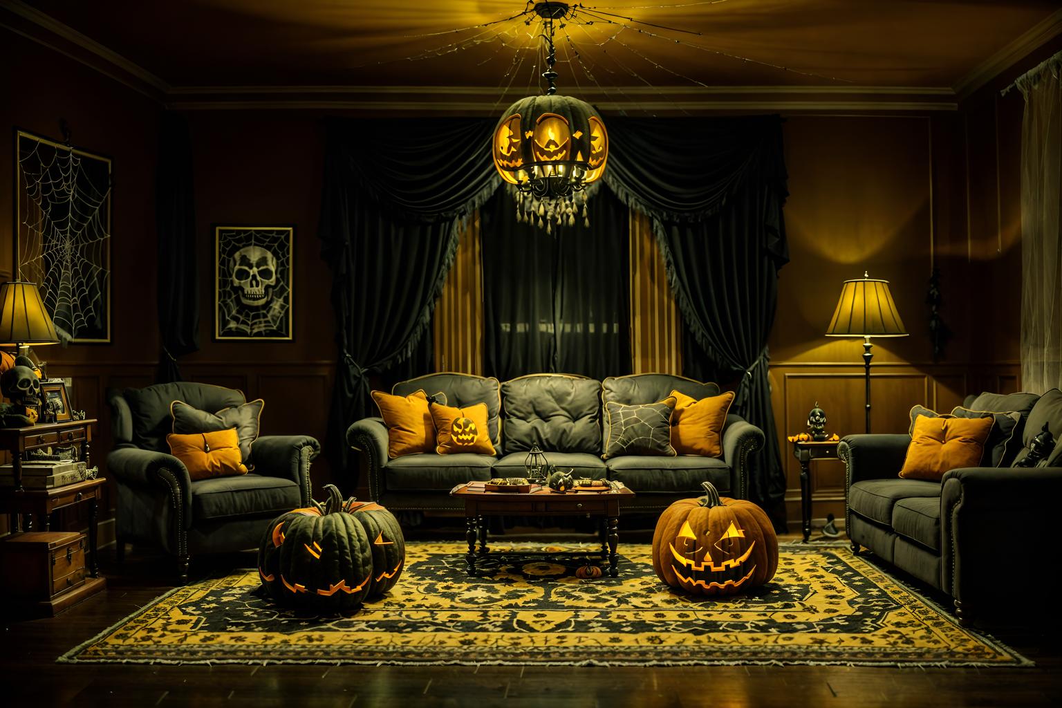 halloween-style (living room interior) with sofa and furniture and coffee tables and rug and chairs and plant and televisions and occasional tables. . with human skulls and cobwebs and spiderwebs and cobwebs and skeletons sitting and standing and glowing pumpkins and yellow black balloons and lanterns. . cinematic photo, highly detailed, cinematic lighting, ultra-detailed, ultrarealistic, photorealism, 8k. halloween interior design style. masterpiece, cinematic light, ultrarealistic+, photorealistic+, 8k, raw photo, realistic, sharp focus on eyes, (symmetrical eyes), (intact eyes), hyperrealistic, highest quality, best quality, , highly detailed, masterpiece, best quality, extremely detailed 8k wallpaper, masterpiece, best quality, ultra-detailed, best shadow, detailed background, detailed face, detailed eyes, high contrast, best illumination, detailed face, dulux, caustic, dynamic angle, detailed glow. dramatic lighting. highly detailed, insanely detailed hair, symmetrical, intricate details, professionally retouched, 8k high definition. strong bokeh. award winning photo.