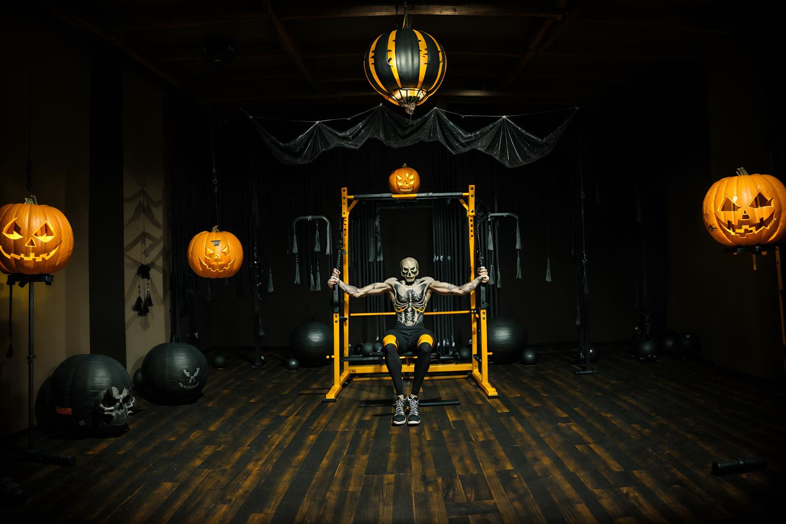 halloween-style (fitness gym interior) with dumbbell stand and crosstrainer and squat rack and bench press and exercise bicycle and dumbbell stand. . with yellow black balloons and lanterns and cobwebs and human skulls and skeletons sitting and standing and cobwebs and spiderwebs and glowing pumpkins. . cinematic photo, highly detailed, cinematic lighting, ultra-detailed, ultrarealistic, photorealism, 8k. halloween interior design style. masterpiece, cinematic light, ultrarealistic+, photorealistic+, 8k, raw photo, realistic, sharp focus on eyes, (symmetrical eyes), (intact eyes), hyperrealistic, highest quality, best quality, , highly detailed, masterpiece, best quality, extremely detailed 8k wallpaper, masterpiece, best quality, ultra-detailed, best shadow, detailed background, detailed face, detailed eyes, high contrast, best illumination, detailed face, dulux, caustic, dynamic angle, detailed glow. dramatic lighting. highly detailed, insanely detailed hair, symmetrical, intricate details, professionally retouched, 8k high definition. strong bokeh. award winning photo.