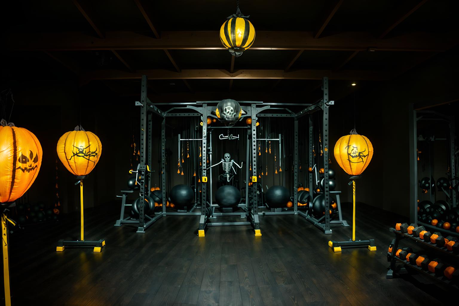 halloween-style (fitness gym interior) with dumbbell stand and crosstrainer and squat rack and bench press and exercise bicycle and dumbbell stand. . with yellow black balloons and lanterns and cobwebs and human skulls and skeletons sitting and standing and cobwebs and spiderwebs and glowing pumpkins. . cinematic photo, highly detailed, cinematic lighting, ultra-detailed, ultrarealistic, photorealism, 8k. halloween interior design style. masterpiece, cinematic light, ultrarealistic+, photorealistic+, 8k, raw photo, realistic, sharp focus on eyes, (symmetrical eyes), (intact eyes), hyperrealistic, highest quality, best quality, , highly detailed, masterpiece, best quality, extremely detailed 8k wallpaper, masterpiece, best quality, ultra-detailed, best shadow, detailed background, detailed face, detailed eyes, high contrast, best illumination, detailed face, dulux, caustic, dynamic angle, detailed glow. dramatic lighting. highly detailed, insanely detailed hair, symmetrical, intricate details, professionally retouched, 8k high definition. strong bokeh. award winning photo.