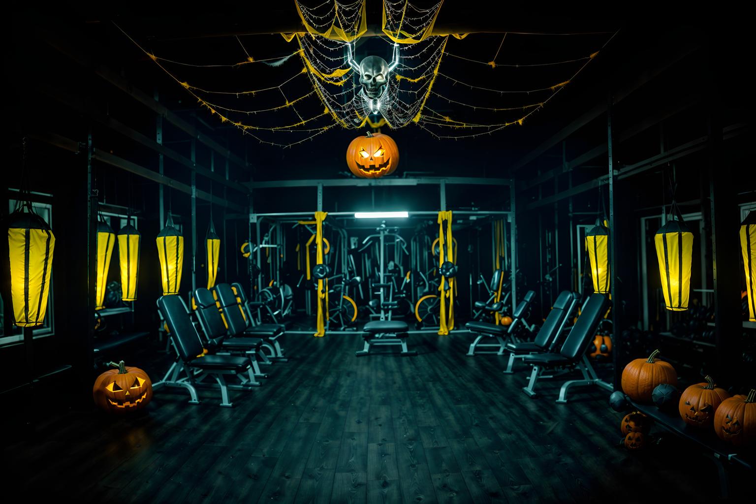 halloween-style (fitness gym interior) with dumbbell stand and crosstrainer and squat rack and bench press and exercise bicycle and dumbbell stand. . with yellow black balloons and lanterns and cobwebs and human skulls and skeletons sitting and standing and cobwebs and spiderwebs and glowing pumpkins. . cinematic photo, highly detailed, cinematic lighting, ultra-detailed, ultrarealistic, photorealism, 8k. halloween interior design style. masterpiece, cinematic light, ultrarealistic+, photorealistic+, 8k, raw photo, realistic, sharp focus on eyes, (symmetrical eyes), (intact eyes), hyperrealistic, highest quality, best quality, , highly detailed, masterpiece, best quality, extremely detailed 8k wallpaper, masterpiece, best quality, ultra-detailed, best shadow, detailed background, detailed face, detailed eyes, high contrast, best illumination, detailed face, dulux, caustic, dynamic angle, detailed glow. dramatic lighting. highly detailed, insanely detailed hair, symmetrical, intricate details, professionally retouched, 8k high definition. strong bokeh. award winning photo.