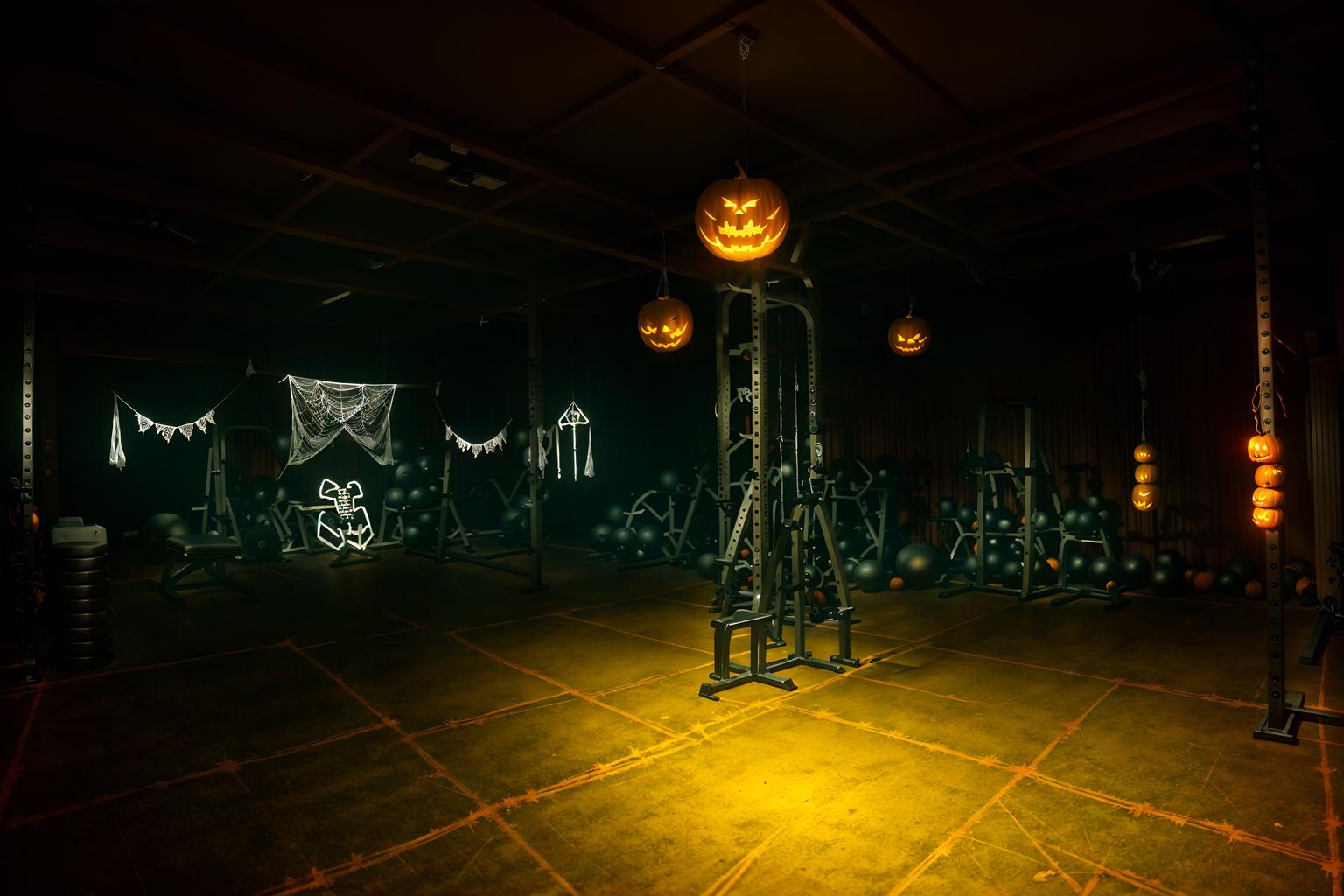 halloween-style (fitness gym interior) with dumbbell stand and crosstrainer and squat rack and bench press and exercise bicycle and dumbbell stand. . with yellow black balloons and lanterns and cobwebs and human skulls and skeletons sitting and standing and cobwebs and spiderwebs and glowing pumpkins. . cinematic photo, highly detailed, cinematic lighting, ultra-detailed, ultrarealistic, photorealism, 8k. halloween interior design style. masterpiece, cinematic light, ultrarealistic+, photorealistic+, 8k, raw photo, realistic, sharp focus on eyes, (symmetrical eyes), (intact eyes), hyperrealistic, highest quality, best quality, , highly detailed, masterpiece, best quality, extremely detailed 8k wallpaper, masterpiece, best quality, ultra-detailed, best shadow, detailed background, detailed face, detailed eyes, high contrast, best illumination, detailed face, dulux, caustic, dynamic angle, detailed glow. dramatic lighting. highly detailed, insanely detailed hair, symmetrical, intricate details, professionally retouched, 8k high definition. strong bokeh. award winning photo.