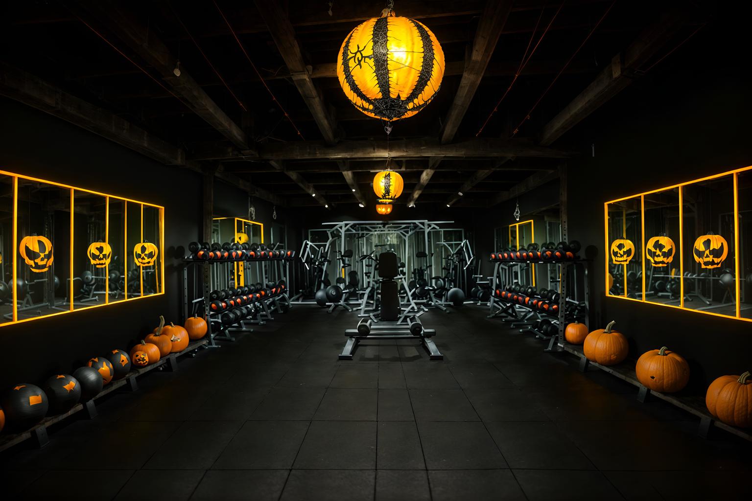 halloween-style (fitness gym interior) with dumbbell stand and crosstrainer and squat rack and bench press and exercise bicycle and dumbbell stand. . with yellow black balloons and lanterns and cobwebs and human skulls and skeletons sitting and standing and cobwebs and spiderwebs and glowing pumpkins. . cinematic photo, highly detailed, cinematic lighting, ultra-detailed, ultrarealistic, photorealism, 8k. halloween interior design style. masterpiece, cinematic light, ultrarealistic+, photorealistic+, 8k, raw photo, realistic, sharp focus on eyes, (symmetrical eyes), (intact eyes), hyperrealistic, highest quality, best quality, , highly detailed, masterpiece, best quality, extremely detailed 8k wallpaper, masterpiece, best quality, ultra-detailed, best shadow, detailed background, detailed face, detailed eyes, high contrast, best illumination, detailed face, dulux, caustic, dynamic angle, detailed glow. dramatic lighting. highly detailed, insanely detailed hair, symmetrical, intricate details, professionally retouched, 8k high definition. strong bokeh. award winning photo.