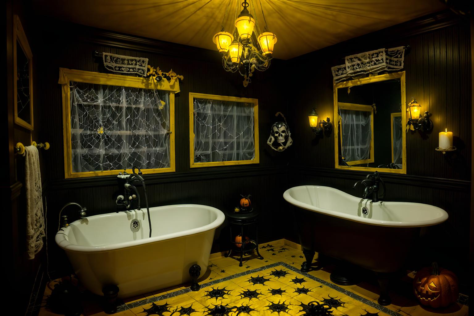 halloween-style (bathroom interior) with waste basket and bathroom cabinet and bathroom sink with faucet and bathtub and plant and mirror and bath rail and toilet seat. . with cobwebs and human skulls and lanterns and glowing pumpkins and cobwebs and spiderwebs and yellow black balloons and lanterns. . cinematic photo, highly detailed, cinematic lighting, ultra-detailed, ultrarealistic, photorealism, 8k. halloween interior design style. masterpiece, cinematic light, ultrarealistic+, photorealistic+, 8k, raw photo, realistic, sharp focus on eyes, (symmetrical eyes), (intact eyes), hyperrealistic, highest quality, best quality, , highly detailed, masterpiece, best quality, extremely detailed 8k wallpaper, masterpiece, best quality, ultra-detailed, best shadow, detailed background, detailed face, detailed eyes, high contrast, best illumination, detailed face, dulux, caustic, dynamic angle, detailed glow. dramatic lighting. highly detailed, insanely detailed hair, symmetrical, intricate details, professionally retouched, 8k high definition. strong bokeh. award winning photo.