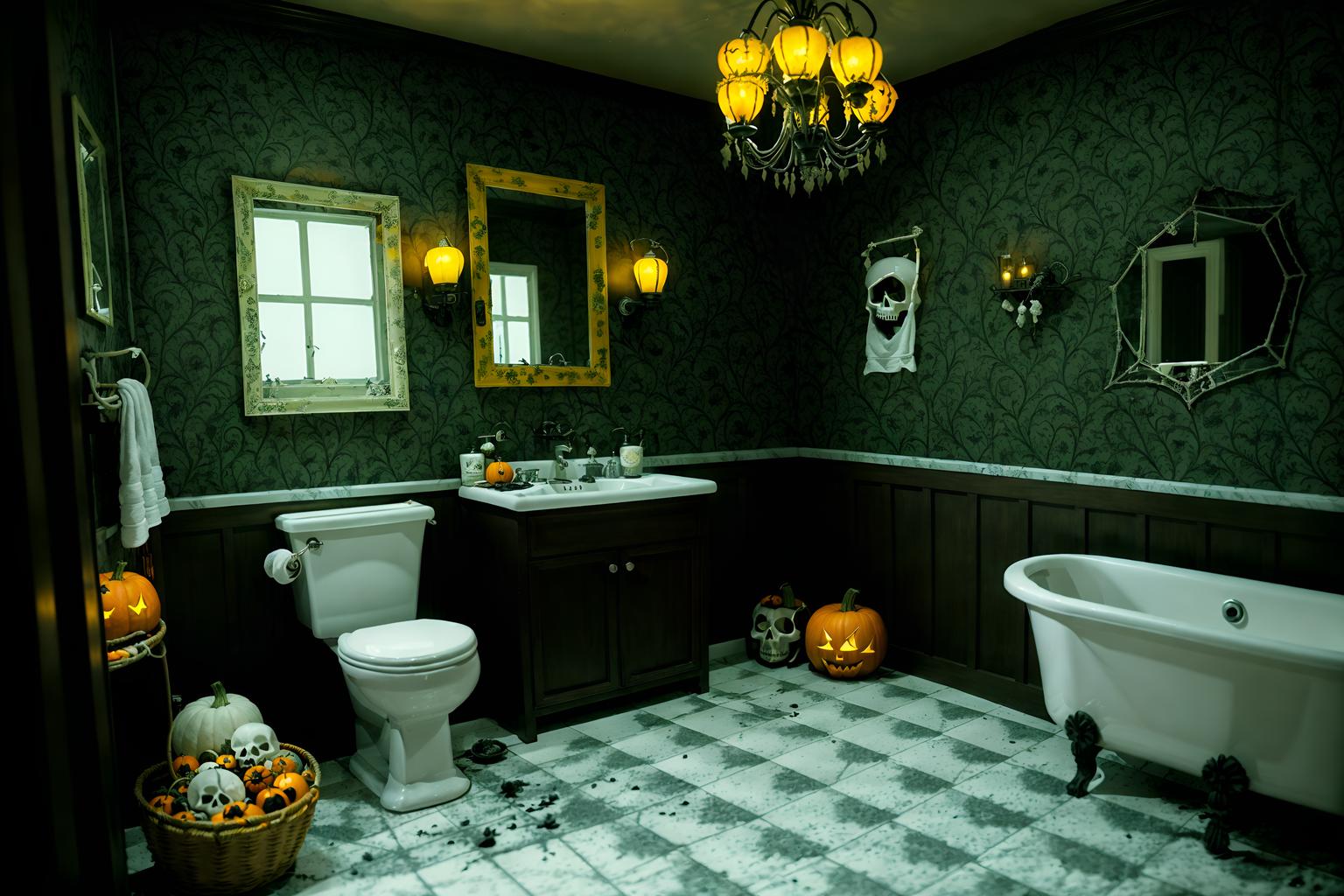 halloween-style (bathroom interior) with waste basket and bathroom cabinet and bathroom sink with faucet and bathtub and plant and mirror and bath rail and toilet seat. . with cobwebs and human skulls and lanterns and glowing pumpkins and cobwebs and spiderwebs and yellow black balloons and lanterns. . cinematic photo, highly detailed, cinematic lighting, ultra-detailed, ultrarealistic, photorealism, 8k. halloween interior design style. masterpiece, cinematic light, ultrarealistic+, photorealistic+, 8k, raw photo, realistic, sharp focus on eyes, (symmetrical eyes), (intact eyes), hyperrealistic, highest quality, best quality, , highly detailed, masterpiece, best quality, extremely detailed 8k wallpaper, masterpiece, best quality, ultra-detailed, best shadow, detailed background, detailed face, detailed eyes, high contrast, best illumination, detailed face, dulux, caustic, dynamic angle, detailed glow. dramatic lighting. highly detailed, insanely detailed hair, symmetrical, intricate details, professionally retouched, 8k high definition. strong bokeh. award winning photo.