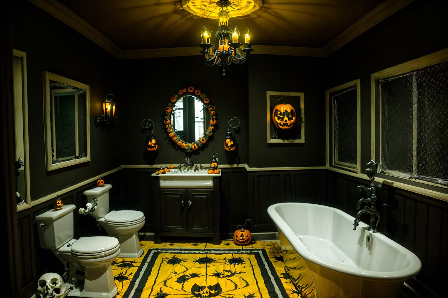 halloween-style (bathroom interior) with waste basket and bathroom cabinet and bathroom sink with faucet and bathtub and plant and mirror and bath rail and toilet seat. . with cobwebs and human skulls and lanterns and glowing pumpkins and cobwebs and spiderwebs and yellow black balloons and lanterns. . cinematic photo, highly detailed, cinematic lighting, ultra-detailed, ultrarealistic, photorealism, 8k. halloween interior design style. masterpiece, cinematic light, ultrarealistic+, photorealistic+, 8k, raw photo, realistic, sharp focus on eyes, (symmetrical eyes), (intact eyes), hyperrealistic, highest quality, best quality, , highly detailed, masterpiece, best quality, extremely detailed 8k wallpaper, masterpiece, best quality, ultra-detailed, best shadow, detailed background, detailed face, detailed eyes, high contrast, best illumination, detailed face, dulux, caustic, dynamic angle, detailed glow. dramatic lighting. highly detailed, insanely detailed hair, symmetrical, intricate details, professionally retouched, 8k high definition. strong bokeh. award winning photo.