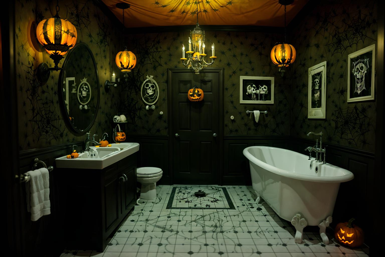 halloween-style (bathroom interior) with waste basket and bathroom cabinet and bathroom sink with faucet and bathtub and plant and mirror and bath rail and toilet seat. . with cobwebs and human skulls and lanterns and glowing pumpkins and cobwebs and spiderwebs and yellow black balloons and lanterns. . cinematic photo, highly detailed, cinematic lighting, ultra-detailed, ultrarealistic, photorealism, 8k. halloween interior design style. masterpiece, cinematic light, ultrarealistic+, photorealistic+, 8k, raw photo, realistic, sharp focus on eyes, (symmetrical eyes), (intact eyes), hyperrealistic, highest quality, best quality, , highly detailed, masterpiece, best quality, extremely detailed 8k wallpaper, masterpiece, best quality, ultra-detailed, best shadow, detailed background, detailed face, detailed eyes, high contrast, best illumination, detailed face, dulux, caustic, dynamic angle, detailed glow. dramatic lighting. highly detailed, insanely detailed hair, symmetrical, intricate details, professionally retouched, 8k high definition. strong bokeh. award winning photo.