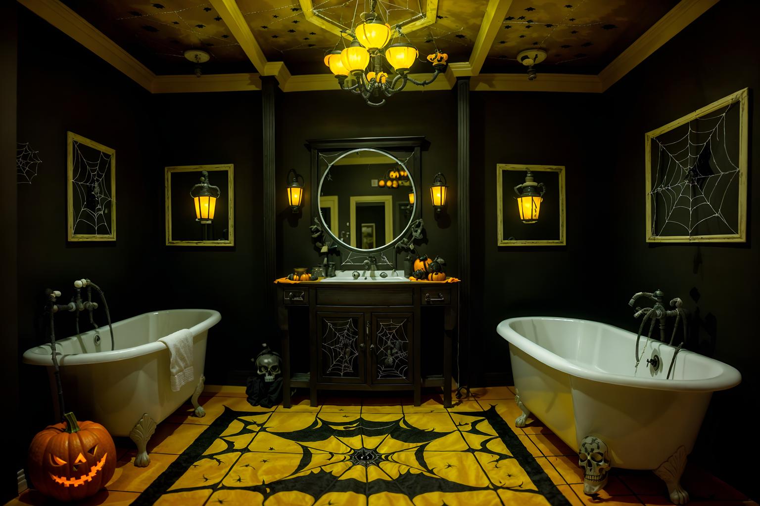 halloween-style (bathroom interior) with waste basket and bathroom cabinet and bathroom sink with faucet and bathtub and plant and mirror and bath rail and toilet seat. . with cobwebs and human skulls and lanterns and glowing pumpkins and cobwebs and spiderwebs and yellow black balloons and lanterns. . cinematic photo, highly detailed, cinematic lighting, ultra-detailed, ultrarealistic, photorealism, 8k. halloween interior design style. masterpiece, cinematic light, ultrarealistic+, photorealistic+, 8k, raw photo, realistic, sharp focus on eyes, (symmetrical eyes), (intact eyes), hyperrealistic, highest quality, best quality, , highly detailed, masterpiece, best quality, extremely detailed 8k wallpaper, masterpiece, best quality, ultra-detailed, best shadow, detailed background, detailed face, detailed eyes, high contrast, best illumination, detailed face, dulux, caustic, dynamic angle, detailed glow. dramatic lighting. highly detailed, insanely detailed hair, symmetrical, intricate details, professionally retouched, 8k high definition. strong bokeh. award winning photo.