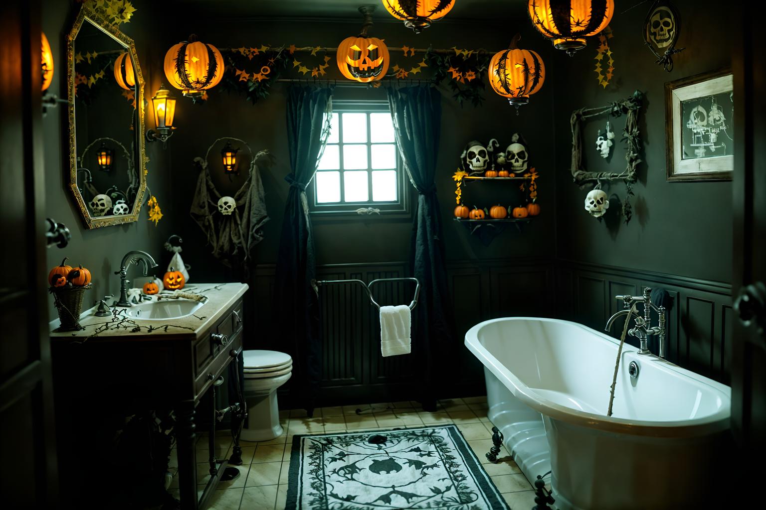 halloween-style (bathroom interior) with waste basket and bathroom cabinet and bathroom sink with faucet and bathtub and plant and mirror and bath rail and toilet seat. . with cobwebs and human skulls and lanterns and glowing pumpkins and cobwebs and spiderwebs and yellow black balloons and lanterns. . cinematic photo, highly detailed, cinematic lighting, ultra-detailed, ultrarealistic, photorealism, 8k. halloween interior design style. masterpiece, cinematic light, ultrarealistic+, photorealistic+, 8k, raw photo, realistic, sharp focus on eyes, (symmetrical eyes), (intact eyes), hyperrealistic, highest quality, best quality, , highly detailed, masterpiece, best quality, extremely detailed 8k wallpaper, masterpiece, best quality, ultra-detailed, best shadow, detailed background, detailed face, detailed eyes, high contrast, best illumination, detailed face, dulux, caustic, dynamic angle, detailed glow. dramatic lighting. highly detailed, insanely detailed hair, symmetrical, intricate details, professionally retouched, 8k high definition. strong bokeh. award winning photo.