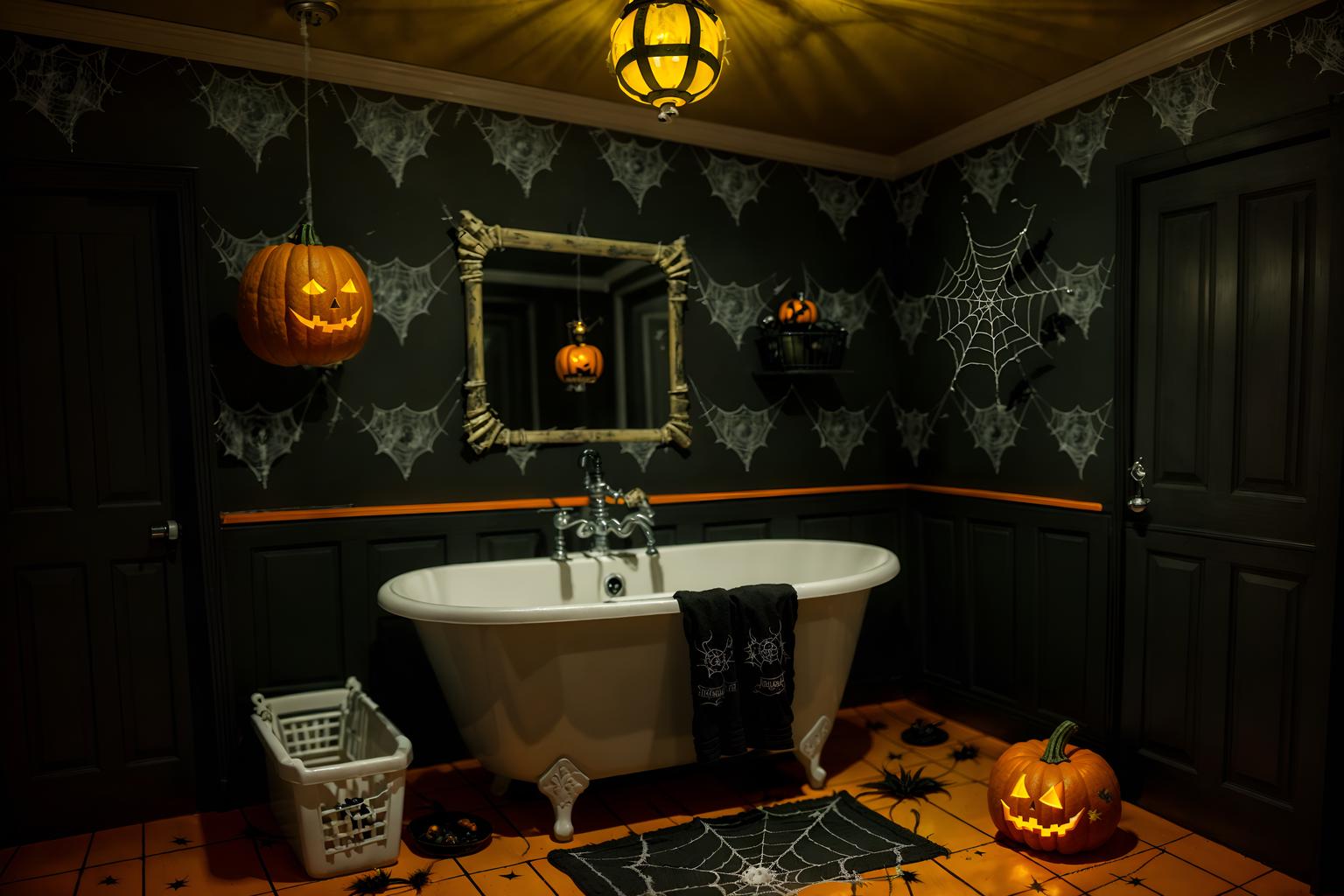 halloween-style (bathroom interior) with waste basket and bathroom cabinet and bathroom sink with faucet and bathtub and plant and mirror and bath rail and toilet seat. . with cobwebs and human skulls and lanterns and glowing pumpkins and cobwebs and spiderwebs and yellow black balloons and lanterns. . cinematic photo, highly detailed, cinematic lighting, ultra-detailed, ultrarealistic, photorealism, 8k. halloween interior design style. masterpiece, cinematic light, ultrarealistic+, photorealistic+, 8k, raw photo, realistic, sharp focus on eyes, (symmetrical eyes), (intact eyes), hyperrealistic, highest quality, best quality, , highly detailed, masterpiece, best quality, extremely detailed 8k wallpaper, masterpiece, best quality, ultra-detailed, best shadow, detailed background, detailed face, detailed eyes, high contrast, best illumination, detailed face, dulux, caustic, dynamic angle, detailed glow. dramatic lighting. highly detailed, insanely detailed hair, symmetrical, intricate details, professionally retouched, 8k high definition. strong bokeh. award winning photo.