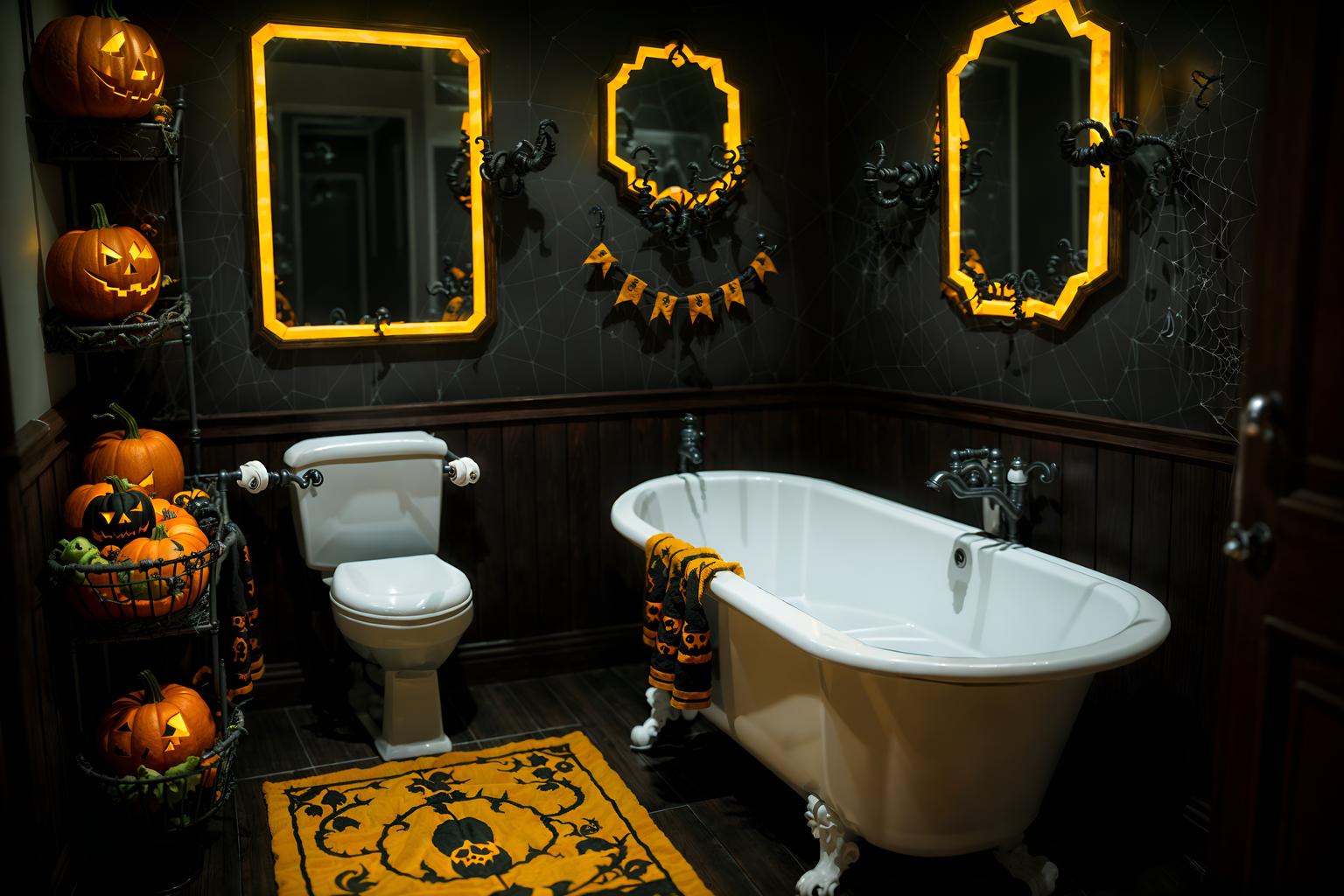 halloween-style (bathroom interior) with waste basket and bathroom cabinet and bathroom sink with faucet and bathtub and plant and mirror and bath rail and toilet seat. . with cobwebs and human skulls and lanterns and glowing pumpkins and cobwebs and spiderwebs and yellow black balloons and lanterns. . cinematic photo, highly detailed, cinematic lighting, ultra-detailed, ultrarealistic, photorealism, 8k. halloween interior design style. masterpiece, cinematic light, ultrarealistic+, photorealistic+, 8k, raw photo, realistic, sharp focus on eyes, (symmetrical eyes), (intact eyes), hyperrealistic, highest quality, best quality, , highly detailed, masterpiece, best quality, extremely detailed 8k wallpaper, masterpiece, best quality, ultra-detailed, best shadow, detailed background, detailed face, detailed eyes, high contrast, best illumination, detailed face, dulux, caustic, dynamic angle, detailed glow. dramatic lighting. highly detailed, insanely detailed hair, symmetrical, intricate details, professionally retouched, 8k high definition. strong bokeh. award winning photo.