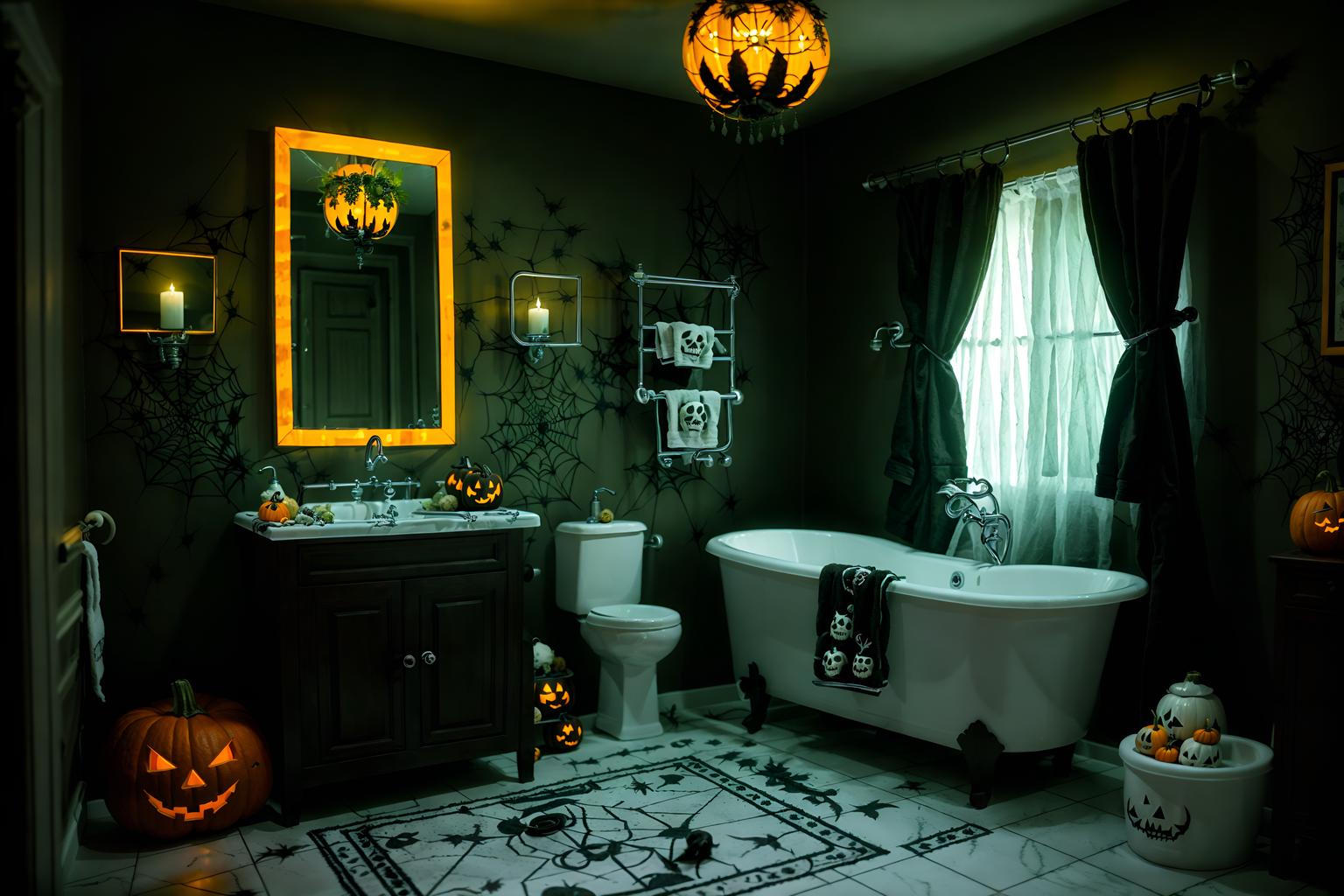 halloween-style (bathroom interior) with waste basket and bathroom cabinet and bathroom sink with faucet and bathtub and plant and mirror and bath rail and toilet seat. . with cobwebs and human skulls and lanterns and glowing pumpkins and cobwebs and spiderwebs and yellow black balloons and lanterns. . cinematic photo, highly detailed, cinematic lighting, ultra-detailed, ultrarealistic, photorealism, 8k. halloween interior design style. masterpiece, cinematic light, ultrarealistic+, photorealistic+, 8k, raw photo, realistic, sharp focus on eyes, (symmetrical eyes), (intact eyes), hyperrealistic, highest quality, best quality, , highly detailed, masterpiece, best quality, extremely detailed 8k wallpaper, masterpiece, best quality, ultra-detailed, best shadow, detailed background, detailed face, detailed eyes, high contrast, best illumination, detailed face, dulux, caustic, dynamic angle, detailed glow. dramatic lighting. highly detailed, insanely detailed hair, symmetrical, intricate details, professionally retouched, 8k high definition. strong bokeh. award winning photo.