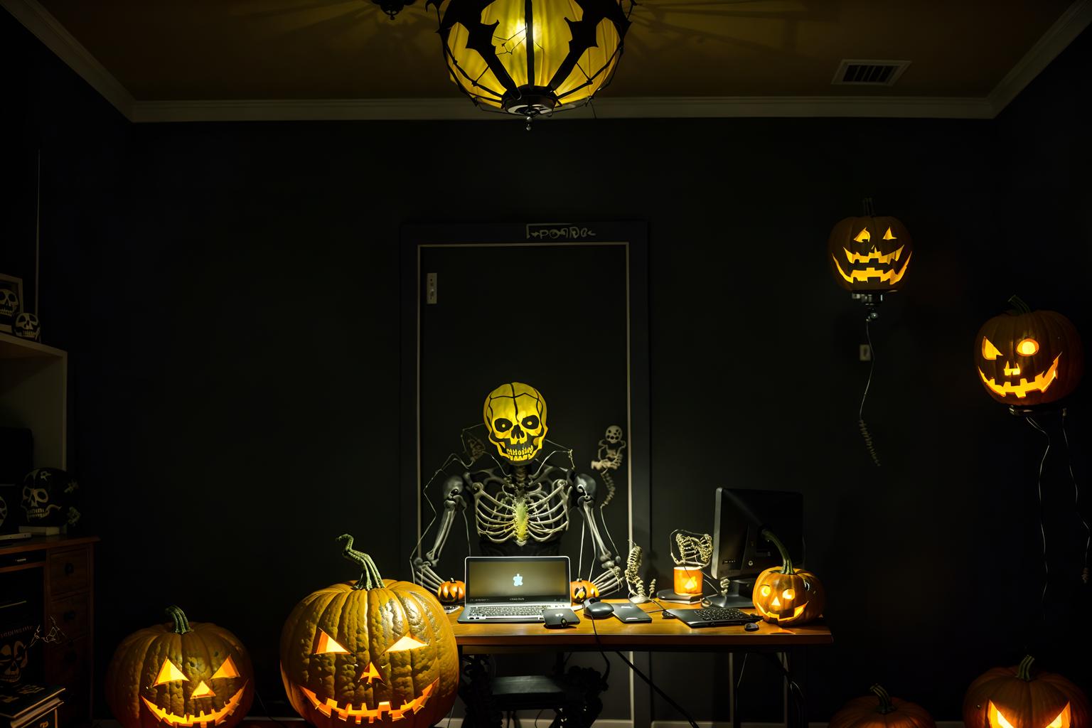 halloween-style (home office interior) with computer desk and plant and cabinets and desk lamp and office chair and computer desk. . with yellow black balloons and cobwebs and skeletons sitting and standing and lanterns and lanterns and glowing pumpkins and human skulls and spiderwebs. . cinematic photo, highly detailed, cinematic lighting, ultra-detailed, ultrarealistic, photorealism, 8k. halloween interior design style. masterpiece, cinematic light, ultrarealistic+, photorealistic+, 8k, raw photo, realistic, sharp focus on eyes, (symmetrical eyes), (intact eyes), hyperrealistic, highest quality, best quality, , highly detailed, masterpiece, best quality, extremely detailed 8k wallpaper, masterpiece, best quality, ultra-detailed, best shadow, detailed background, detailed face, detailed eyes, high contrast, best illumination, detailed face, dulux, caustic, dynamic angle, detailed glow. dramatic lighting. highly detailed, insanely detailed hair, symmetrical, intricate details, professionally retouched, 8k high definition. strong bokeh. award winning photo.