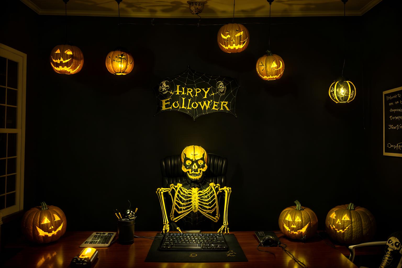 halloween-style (home office interior) with computer desk and plant and cabinets and desk lamp and office chair and computer desk. . with yellow black balloons and cobwebs and skeletons sitting and standing and lanterns and lanterns and glowing pumpkins and human skulls and spiderwebs. . cinematic photo, highly detailed, cinematic lighting, ultra-detailed, ultrarealistic, photorealism, 8k. halloween interior design style. masterpiece, cinematic light, ultrarealistic+, photorealistic+, 8k, raw photo, realistic, sharp focus on eyes, (symmetrical eyes), (intact eyes), hyperrealistic, highest quality, best quality, , highly detailed, masterpiece, best quality, extremely detailed 8k wallpaper, masterpiece, best quality, ultra-detailed, best shadow, detailed background, detailed face, detailed eyes, high contrast, best illumination, detailed face, dulux, caustic, dynamic angle, detailed glow. dramatic lighting. highly detailed, insanely detailed hair, symmetrical, intricate details, professionally retouched, 8k high definition. strong bokeh. award winning photo.