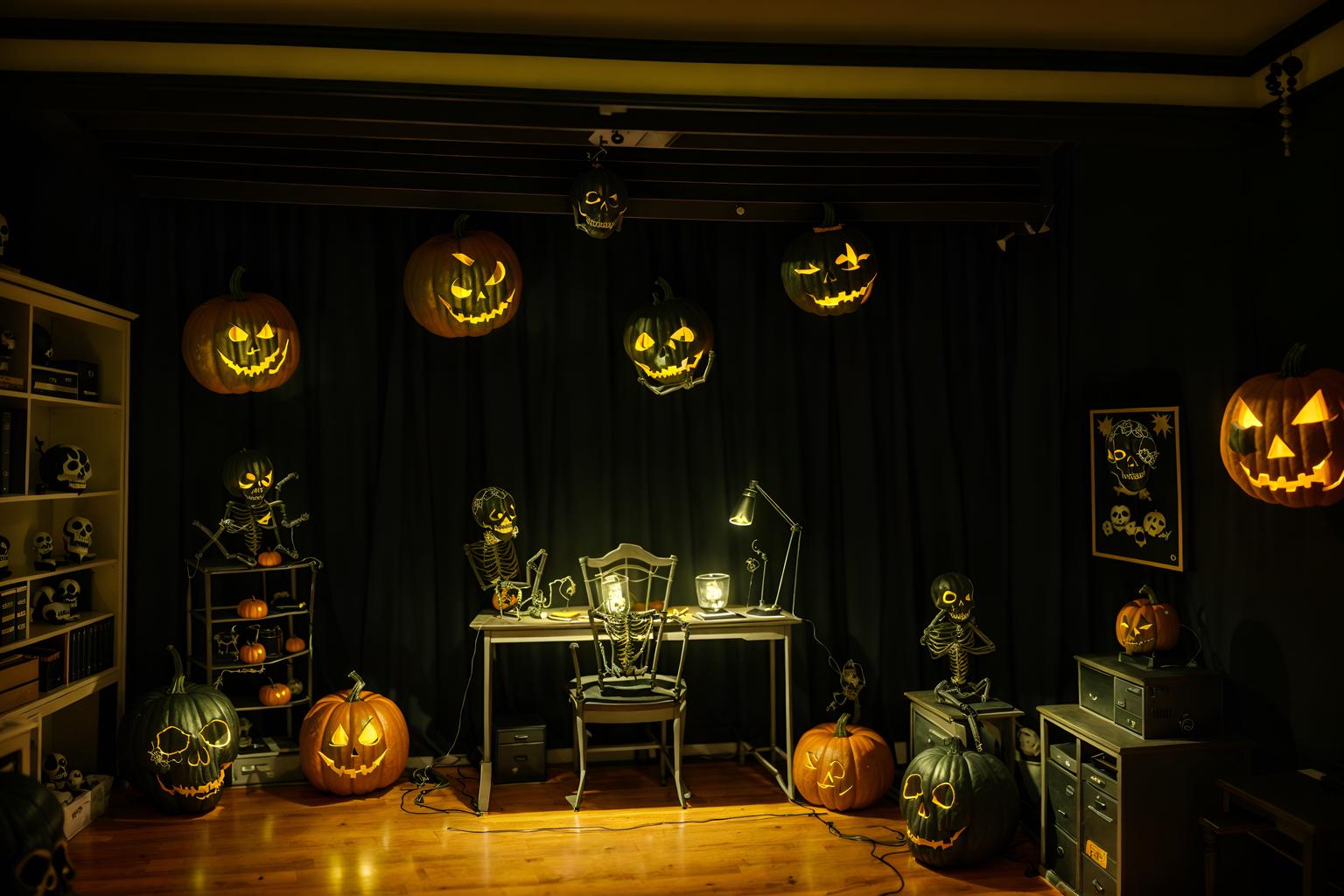 halloween-style (home office interior) with computer desk and plant and cabinets and desk lamp and office chair and computer desk. . with yellow black balloons and cobwebs and skeletons sitting and standing and lanterns and lanterns and glowing pumpkins and human skulls and spiderwebs. . cinematic photo, highly detailed, cinematic lighting, ultra-detailed, ultrarealistic, photorealism, 8k. halloween interior design style. masterpiece, cinematic light, ultrarealistic+, photorealistic+, 8k, raw photo, realistic, sharp focus on eyes, (symmetrical eyes), (intact eyes), hyperrealistic, highest quality, best quality, , highly detailed, masterpiece, best quality, extremely detailed 8k wallpaper, masterpiece, best quality, ultra-detailed, best shadow, detailed background, detailed face, detailed eyes, high contrast, best illumination, detailed face, dulux, caustic, dynamic angle, detailed glow. dramatic lighting. highly detailed, insanely detailed hair, symmetrical, intricate details, professionally retouched, 8k high definition. strong bokeh. award winning photo.