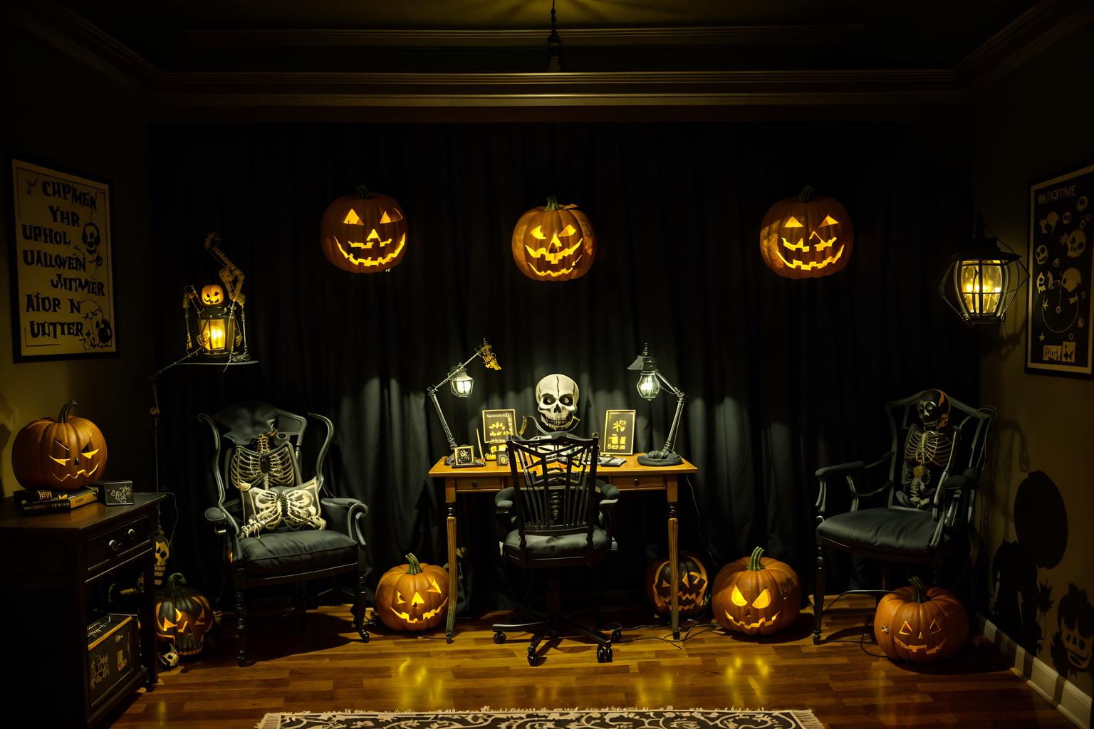 halloween-style (home office interior) with computer desk and plant and cabinets and desk lamp and office chair and computer desk. . with yellow black balloons and cobwebs and skeletons sitting and standing and lanterns and lanterns and glowing pumpkins and human skulls and spiderwebs. . cinematic photo, highly detailed, cinematic lighting, ultra-detailed, ultrarealistic, photorealism, 8k. halloween interior design style. masterpiece, cinematic light, ultrarealistic+, photorealistic+, 8k, raw photo, realistic, sharp focus on eyes, (symmetrical eyes), (intact eyes), hyperrealistic, highest quality, best quality, , highly detailed, masterpiece, best quality, extremely detailed 8k wallpaper, masterpiece, best quality, ultra-detailed, best shadow, detailed background, detailed face, detailed eyes, high contrast, best illumination, detailed face, dulux, caustic, dynamic angle, detailed glow. dramatic lighting. highly detailed, insanely detailed hair, symmetrical, intricate details, professionally retouched, 8k high definition. strong bokeh. award winning photo.