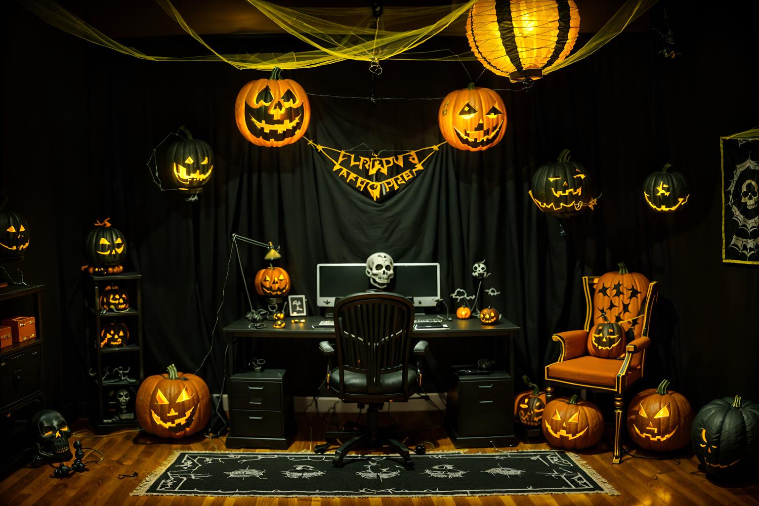 halloween-style (home office interior) with computer desk and plant and cabinets and desk lamp and office chair and computer desk. . with yellow black balloons and cobwebs and skeletons sitting and standing and lanterns and lanterns and glowing pumpkins and human skulls and spiderwebs. . cinematic photo, highly detailed, cinematic lighting, ultra-detailed, ultrarealistic, photorealism, 8k. halloween interior design style. masterpiece, cinematic light, ultrarealistic+, photorealistic+, 8k, raw photo, realistic, sharp focus on eyes, (symmetrical eyes), (intact eyes), hyperrealistic, highest quality, best quality, , highly detailed, masterpiece, best quality, extremely detailed 8k wallpaper, masterpiece, best quality, ultra-detailed, best shadow, detailed background, detailed face, detailed eyes, high contrast, best illumination, detailed face, dulux, caustic, dynamic angle, detailed glow. dramatic lighting. highly detailed, insanely detailed hair, symmetrical, intricate details, professionally retouched, 8k high definition. strong bokeh. award winning photo.