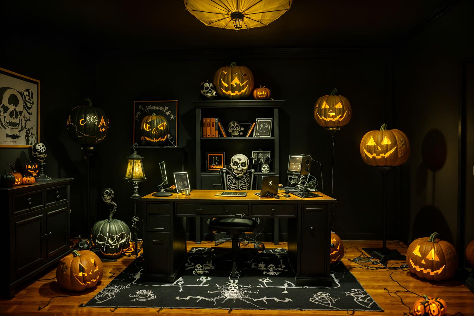 halloween-style (home office interior) with computer desk and plant and cabinets and desk lamp and office chair and computer desk. . with yellow black balloons and cobwebs and skeletons sitting and standing and lanterns and lanterns and glowing pumpkins and human skulls and spiderwebs. . cinematic photo, highly detailed, cinematic lighting, ultra-detailed, ultrarealistic, photorealism, 8k. halloween interior design style. masterpiece, cinematic light, ultrarealistic+, photorealistic+, 8k, raw photo, realistic, sharp focus on eyes, (symmetrical eyes), (intact eyes), hyperrealistic, highest quality, best quality, , highly detailed, masterpiece, best quality, extremely detailed 8k wallpaper, masterpiece, best quality, ultra-detailed, best shadow, detailed background, detailed face, detailed eyes, high contrast, best illumination, detailed face, dulux, caustic, dynamic angle, detailed glow. dramatic lighting. highly detailed, insanely detailed hair, symmetrical, intricate details, professionally retouched, 8k high definition. strong bokeh. award winning photo.