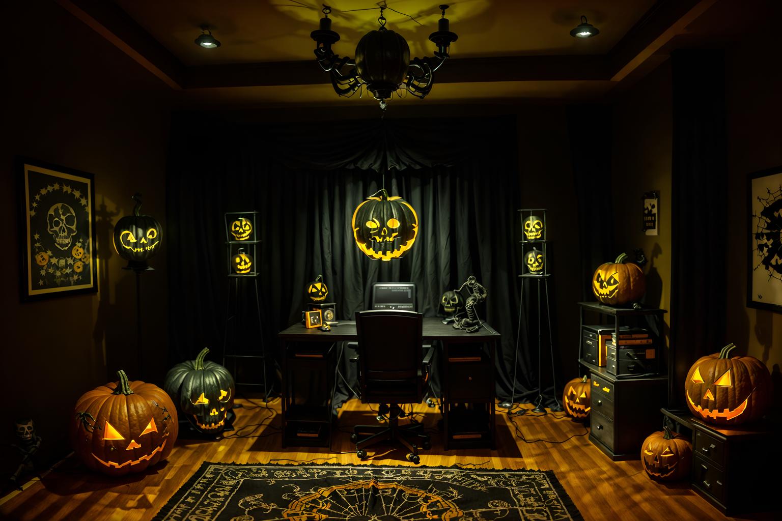 halloween-style (home office interior) with computer desk and plant and cabinets and desk lamp and office chair and computer desk. . with yellow black balloons and cobwebs and skeletons sitting and standing and lanterns and lanterns and glowing pumpkins and human skulls and spiderwebs. . cinematic photo, highly detailed, cinematic lighting, ultra-detailed, ultrarealistic, photorealism, 8k. halloween interior design style. masterpiece, cinematic light, ultrarealistic+, photorealistic+, 8k, raw photo, realistic, sharp focus on eyes, (symmetrical eyes), (intact eyes), hyperrealistic, highest quality, best quality, , highly detailed, masterpiece, best quality, extremely detailed 8k wallpaper, masterpiece, best quality, ultra-detailed, best shadow, detailed background, detailed face, detailed eyes, high contrast, best illumination, detailed face, dulux, caustic, dynamic angle, detailed glow. dramatic lighting. highly detailed, insanely detailed hair, symmetrical, intricate details, professionally retouched, 8k high definition. strong bokeh. award winning photo.