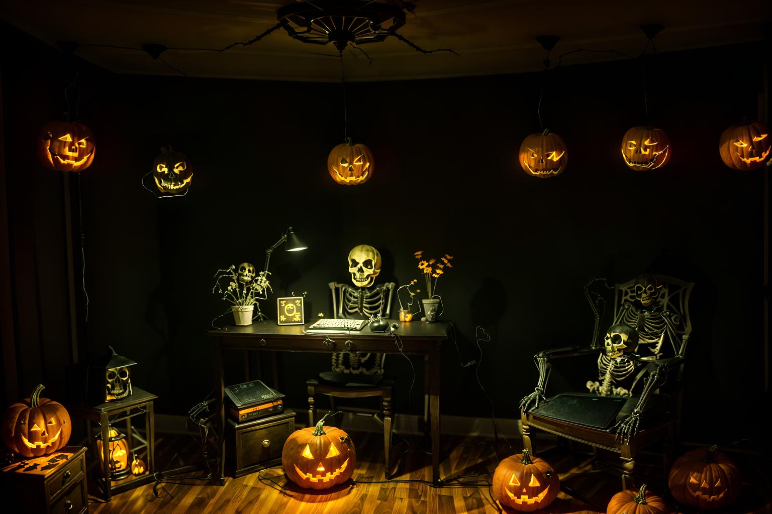 halloween-style (home office interior) with computer desk and plant and cabinets and desk lamp and office chair and computer desk. . with yellow black balloons and cobwebs and skeletons sitting and standing and lanterns and lanterns and glowing pumpkins and human skulls and spiderwebs. . cinematic photo, highly detailed, cinematic lighting, ultra-detailed, ultrarealistic, photorealism, 8k. halloween interior design style. masterpiece, cinematic light, ultrarealistic+, photorealistic+, 8k, raw photo, realistic, sharp focus on eyes, (symmetrical eyes), (intact eyes), hyperrealistic, highest quality, best quality, , highly detailed, masterpiece, best quality, extremely detailed 8k wallpaper, masterpiece, best quality, ultra-detailed, best shadow, detailed background, detailed face, detailed eyes, high contrast, best illumination, detailed face, dulux, caustic, dynamic angle, detailed glow. dramatic lighting. highly detailed, insanely detailed hair, symmetrical, intricate details, professionally retouched, 8k high definition. strong bokeh. award winning photo.