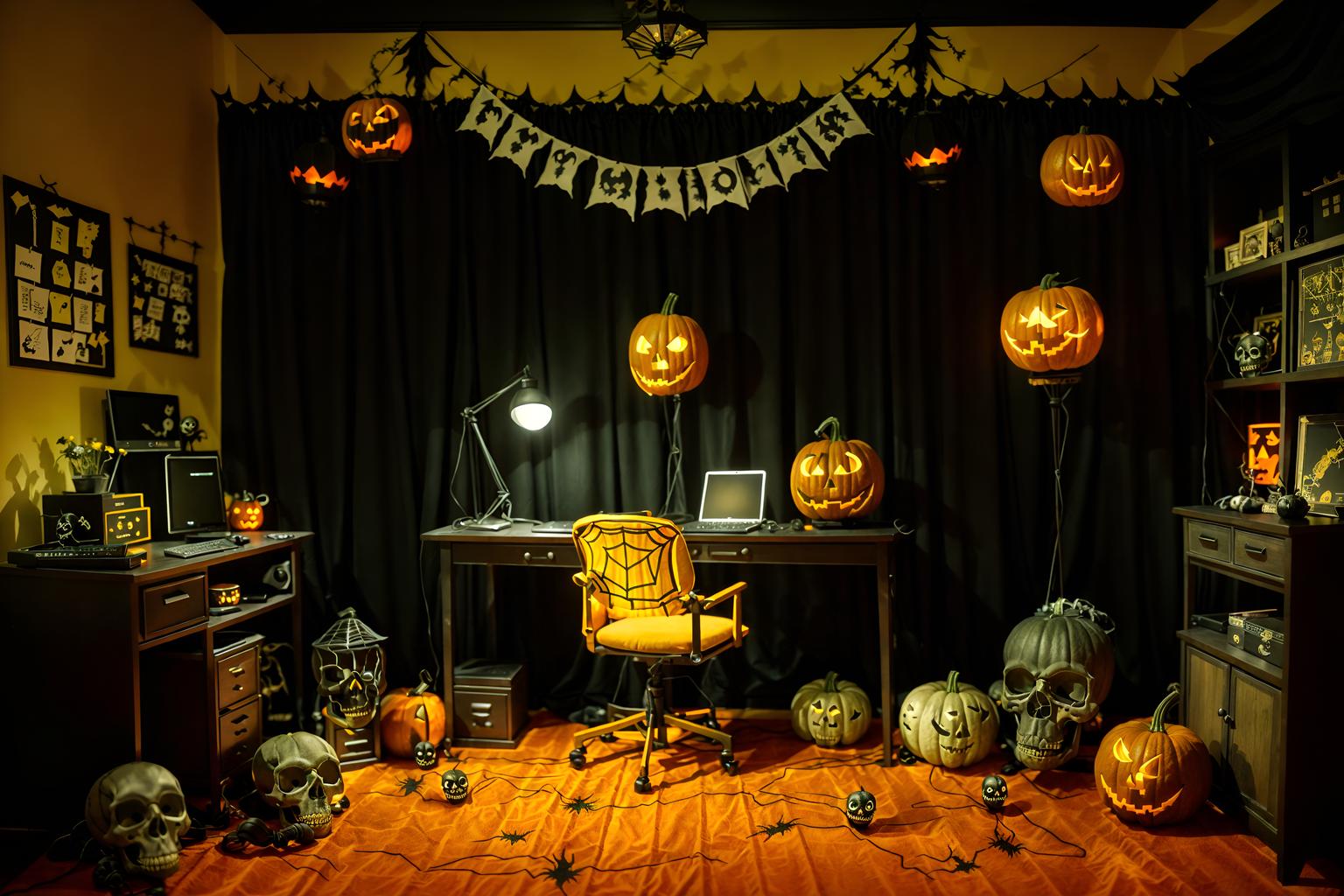 halloween-style (home office interior) with computer desk and plant and cabinets and desk lamp and office chair and computer desk. . with yellow black balloons and cobwebs and skeletons sitting and standing and lanterns and lanterns and glowing pumpkins and human skulls and spiderwebs. . cinematic photo, highly detailed, cinematic lighting, ultra-detailed, ultrarealistic, photorealism, 8k. halloween interior design style. masterpiece, cinematic light, ultrarealistic+, photorealistic+, 8k, raw photo, realistic, sharp focus on eyes, (symmetrical eyes), (intact eyes), hyperrealistic, highest quality, best quality, , highly detailed, masterpiece, best quality, extremely detailed 8k wallpaper, masterpiece, best quality, ultra-detailed, best shadow, detailed background, detailed face, detailed eyes, high contrast, best illumination, detailed face, dulux, caustic, dynamic angle, detailed glow. dramatic lighting. highly detailed, insanely detailed hair, symmetrical, intricate details, professionally retouched, 8k high definition. strong bokeh. award winning photo.