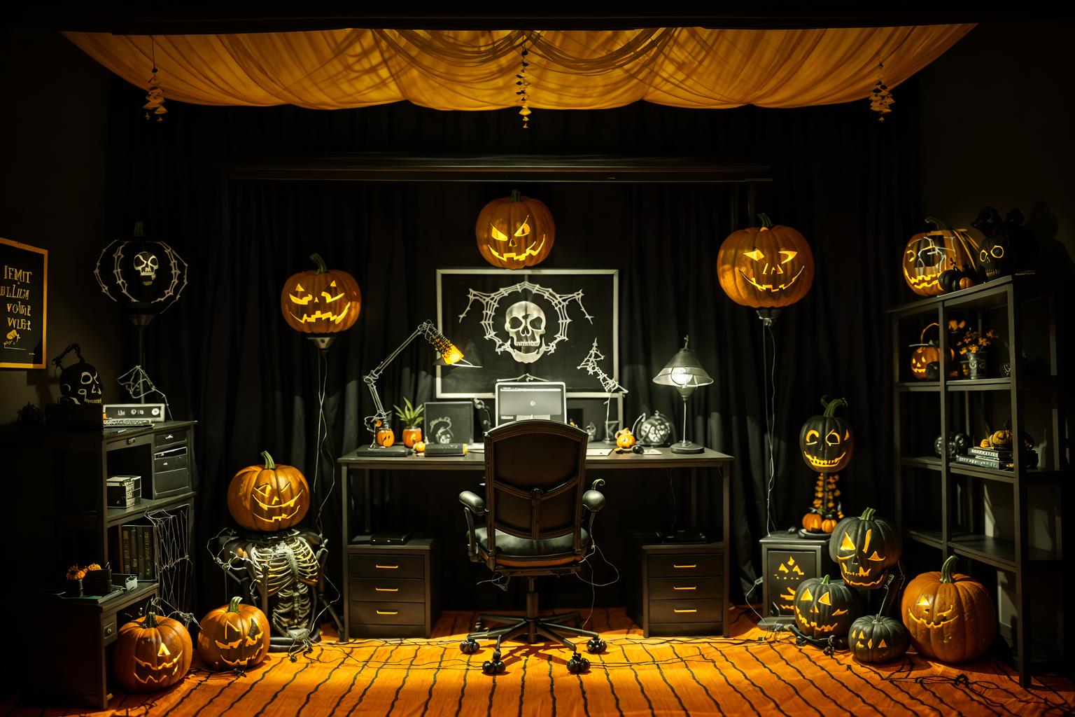 halloween-style (home office interior) with computer desk and plant and cabinets and desk lamp and office chair and computer desk. . with yellow black balloons and cobwebs and skeletons sitting and standing and lanterns and lanterns and glowing pumpkins and human skulls and spiderwebs. . cinematic photo, highly detailed, cinematic lighting, ultra-detailed, ultrarealistic, photorealism, 8k. halloween interior design style. masterpiece, cinematic light, ultrarealistic+, photorealistic+, 8k, raw photo, realistic, sharp focus on eyes, (symmetrical eyes), (intact eyes), hyperrealistic, highest quality, best quality, , highly detailed, masterpiece, best quality, extremely detailed 8k wallpaper, masterpiece, best quality, ultra-detailed, best shadow, detailed background, detailed face, detailed eyes, high contrast, best illumination, detailed face, dulux, caustic, dynamic angle, detailed glow. dramatic lighting. highly detailed, insanely detailed hair, symmetrical, intricate details, professionally retouched, 8k high definition. strong bokeh. award winning photo.