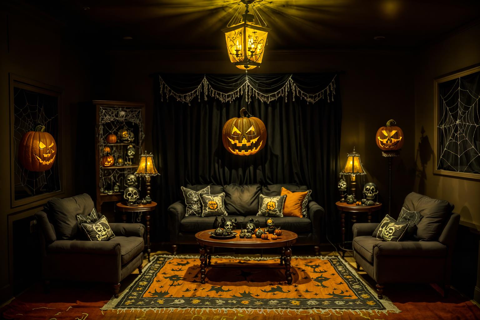 halloween-style (kitchen living combo interior) with coffee tables and chairs and refrigerator and stove and furniture and televisions and sink and rug. . with spiderwebs and lanterns and cobwebs and human skulls and lanterns and glowing pumpkins and skeletons sitting and standing and yellow black balloons. . cinematic photo, highly detailed, cinematic lighting, ultra-detailed, ultrarealistic, photorealism, 8k. halloween interior design style. masterpiece, cinematic light, ultrarealistic+, photorealistic+, 8k, raw photo, realistic, sharp focus on eyes, (symmetrical eyes), (intact eyes), hyperrealistic, highest quality, best quality, , highly detailed, masterpiece, best quality, extremely detailed 8k wallpaper, masterpiece, best quality, ultra-detailed, best shadow, detailed background, detailed face, detailed eyes, high contrast, best illumination, detailed face, dulux, caustic, dynamic angle, detailed glow. dramatic lighting. highly detailed, insanely detailed hair, symmetrical, intricate details, professionally retouched, 8k high definition. strong bokeh. award winning photo.