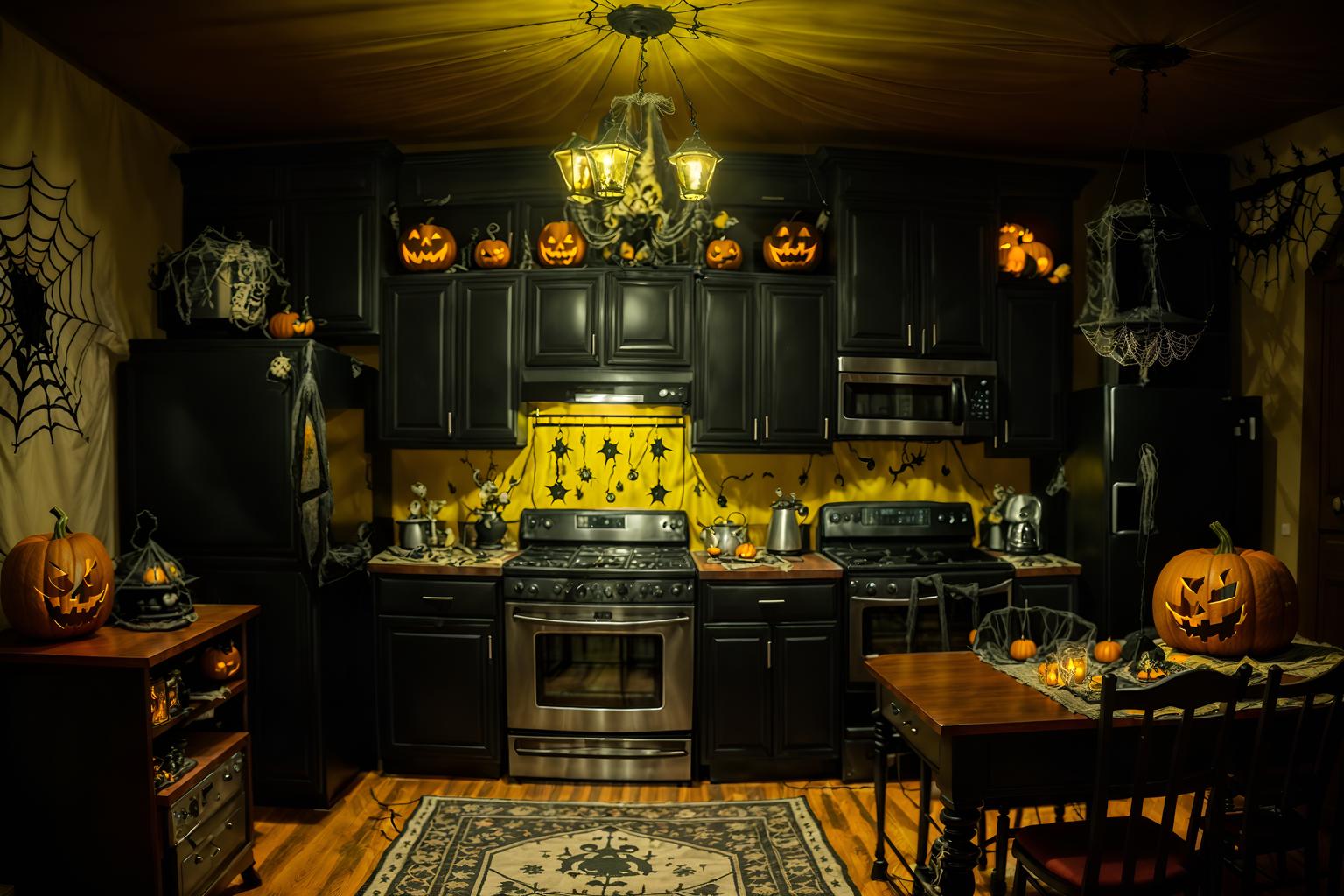 halloween-style (kitchen living combo interior) with coffee tables and chairs and refrigerator and stove and furniture and televisions and sink and rug. . with spiderwebs and lanterns and cobwebs and human skulls and lanterns and glowing pumpkins and skeletons sitting and standing and yellow black balloons. . cinematic photo, highly detailed, cinematic lighting, ultra-detailed, ultrarealistic, photorealism, 8k. halloween interior design style. masterpiece, cinematic light, ultrarealistic+, photorealistic+, 8k, raw photo, realistic, sharp focus on eyes, (symmetrical eyes), (intact eyes), hyperrealistic, highest quality, best quality, , highly detailed, masterpiece, best quality, extremely detailed 8k wallpaper, masterpiece, best quality, ultra-detailed, best shadow, detailed background, detailed face, detailed eyes, high contrast, best illumination, detailed face, dulux, caustic, dynamic angle, detailed glow. dramatic lighting. highly detailed, insanely detailed hair, symmetrical, intricate details, professionally retouched, 8k high definition. strong bokeh. award winning photo.