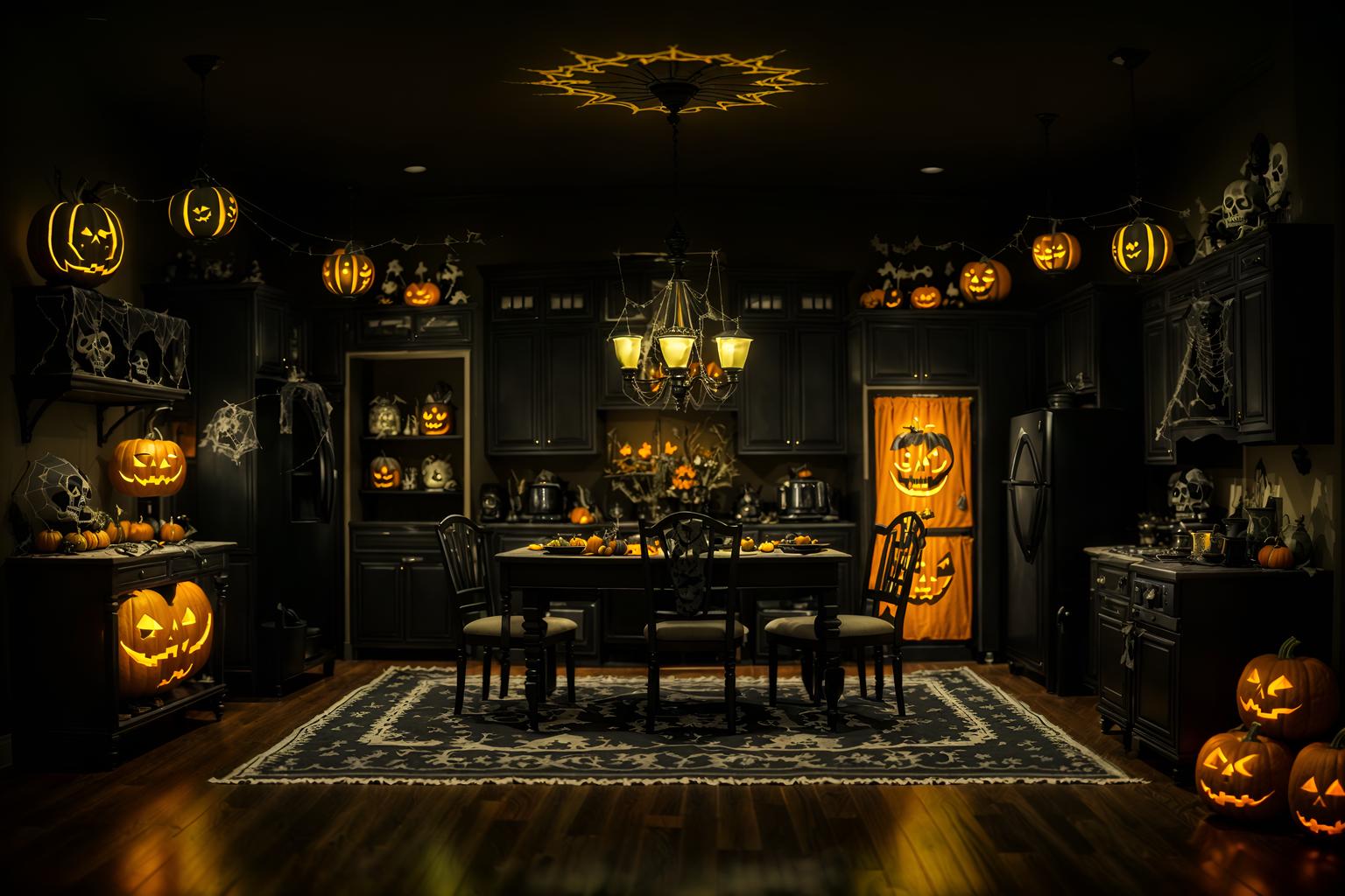 halloween-style (kitchen living combo interior) with coffee tables and chairs and refrigerator and stove and furniture and televisions and sink and rug. . with spiderwebs and lanterns and cobwebs and human skulls and lanterns and glowing pumpkins and skeletons sitting and standing and yellow black balloons. . cinematic photo, highly detailed, cinematic lighting, ultra-detailed, ultrarealistic, photorealism, 8k. halloween interior design style. masterpiece, cinematic light, ultrarealistic+, photorealistic+, 8k, raw photo, realistic, sharp focus on eyes, (symmetrical eyes), (intact eyes), hyperrealistic, highest quality, best quality, , highly detailed, masterpiece, best quality, extremely detailed 8k wallpaper, masterpiece, best quality, ultra-detailed, best shadow, detailed background, detailed face, detailed eyes, high contrast, best illumination, detailed face, dulux, caustic, dynamic angle, detailed glow. dramatic lighting. highly detailed, insanely detailed hair, symmetrical, intricate details, professionally retouched, 8k high definition. strong bokeh. award winning photo.