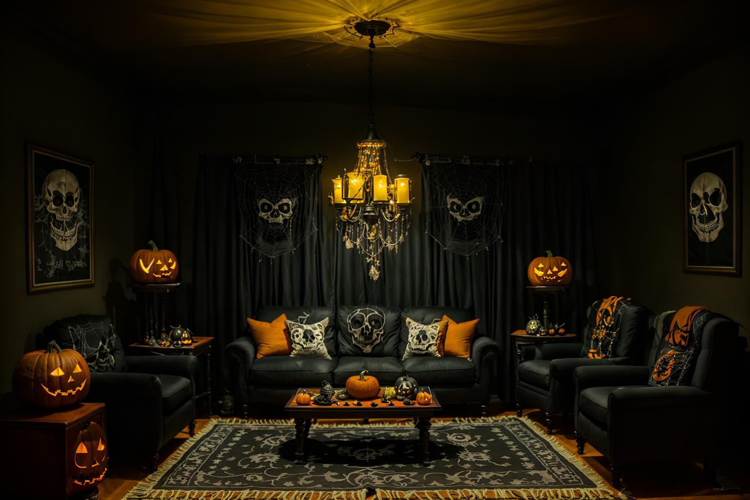 halloween-style (kitchen living combo interior) with coffee tables and chairs and refrigerator and stove and furniture and televisions and sink and rug. . with spiderwebs and lanterns and cobwebs and human skulls and lanterns and glowing pumpkins and skeletons sitting and standing and yellow black balloons. . cinematic photo, highly detailed, cinematic lighting, ultra-detailed, ultrarealistic, photorealism, 8k. halloween interior design style. masterpiece, cinematic light, ultrarealistic+, photorealistic+, 8k, raw photo, realistic, sharp focus on eyes, (symmetrical eyes), (intact eyes), hyperrealistic, highest quality, best quality, , highly detailed, masterpiece, best quality, extremely detailed 8k wallpaper, masterpiece, best quality, ultra-detailed, best shadow, detailed background, detailed face, detailed eyes, high contrast, best illumination, detailed face, dulux, caustic, dynamic angle, detailed glow. dramatic lighting. highly detailed, insanely detailed hair, symmetrical, intricate details, professionally retouched, 8k high definition. strong bokeh. award winning photo.