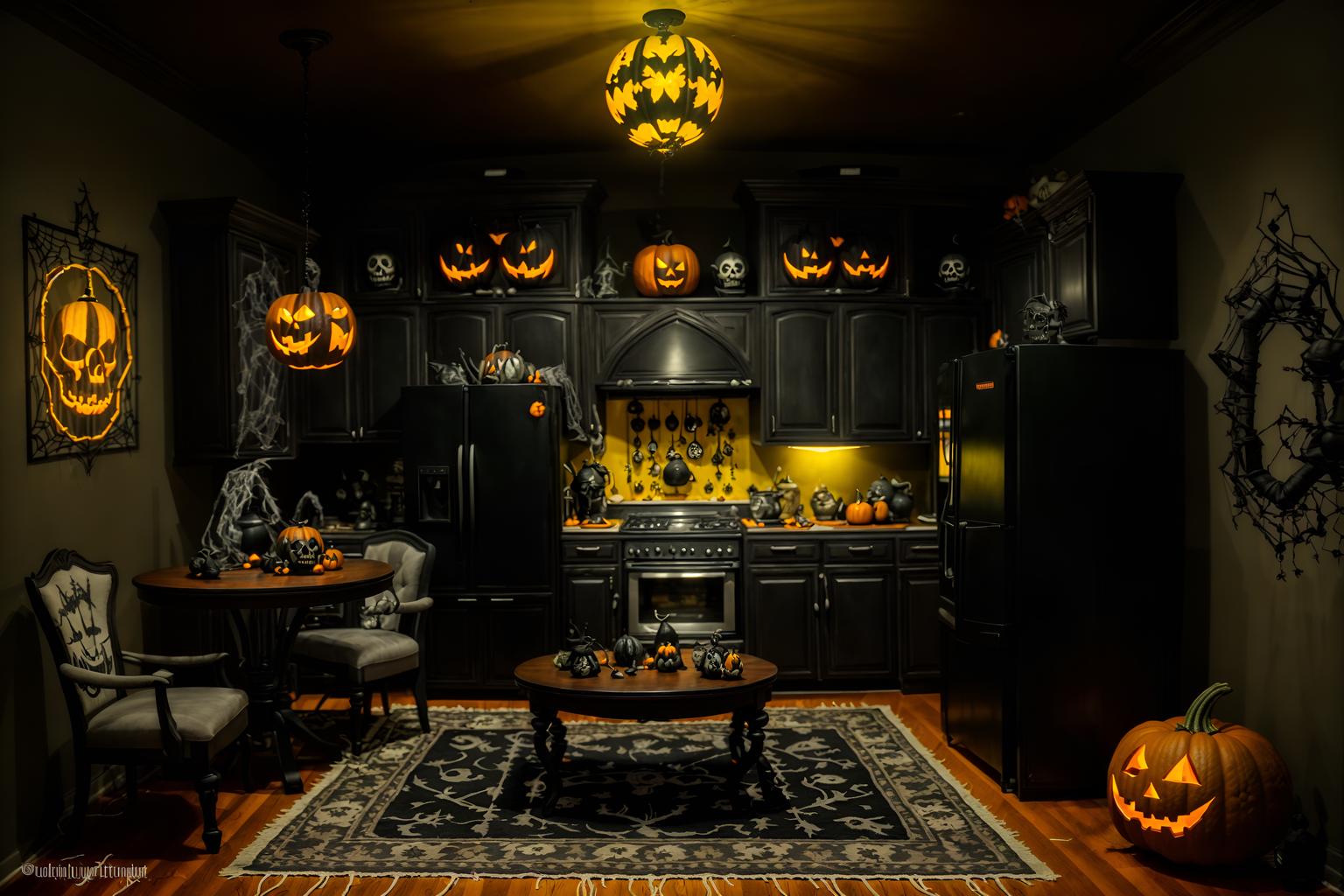 halloween-style (kitchen living combo interior) with coffee tables and chairs and refrigerator and stove and furniture and televisions and sink and rug. . with spiderwebs and lanterns and cobwebs and human skulls and lanterns and glowing pumpkins and skeletons sitting and standing and yellow black balloons. . cinematic photo, highly detailed, cinematic lighting, ultra-detailed, ultrarealistic, photorealism, 8k. halloween interior design style. masterpiece, cinematic light, ultrarealistic+, photorealistic+, 8k, raw photo, realistic, sharp focus on eyes, (symmetrical eyes), (intact eyes), hyperrealistic, highest quality, best quality, , highly detailed, masterpiece, best quality, extremely detailed 8k wallpaper, masterpiece, best quality, ultra-detailed, best shadow, detailed background, detailed face, detailed eyes, high contrast, best illumination, detailed face, dulux, caustic, dynamic angle, detailed glow. dramatic lighting. highly detailed, insanely detailed hair, symmetrical, intricate details, professionally retouched, 8k high definition. strong bokeh. award winning photo.