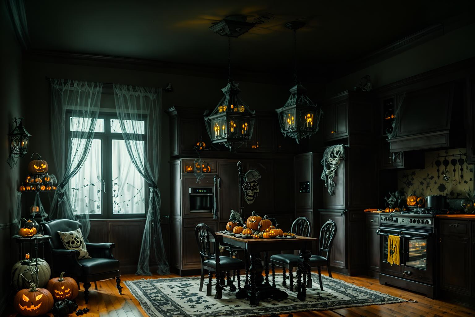 halloween-style (kitchen living combo interior) with coffee tables and chairs and refrigerator and stove and furniture and televisions and sink and rug. . with spiderwebs and lanterns and cobwebs and human skulls and lanterns and glowing pumpkins and skeletons sitting and standing and yellow black balloons. . cinematic photo, highly detailed, cinematic lighting, ultra-detailed, ultrarealistic, photorealism, 8k. halloween interior design style. masterpiece, cinematic light, ultrarealistic+, photorealistic+, 8k, raw photo, realistic, sharp focus on eyes, (symmetrical eyes), (intact eyes), hyperrealistic, highest quality, best quality, , highly detailed, masterpiece, best quality, extremely detailed 8k wallpaper, masterpiece, best quality, ultra-detailed, best shadow, detailed background, detailed face, detailed eyes, high contrast, best illumination, detailed face, dulux, caustic, dynamic angle, detailed glow. dramatic lighting. highly detailed, insanely detailed hair, symmetrical, intricate details, professionally retouched, 8k high definition. strong bokeh. award winning photo.