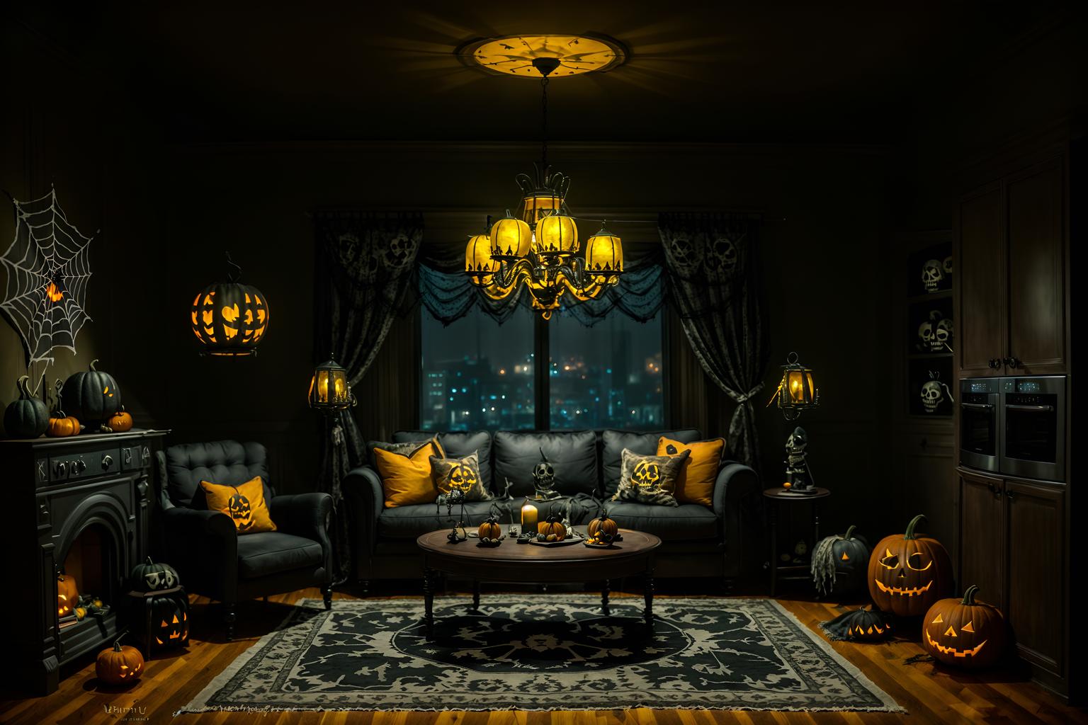 halloween-style (kitchen living combo interior) with coffee tables and chairs and refrigerator and stove and furniture and televisions and sink and rug. . with spiderwebs and lanterns and cobwebs and human skulls and lanterns and glowing pumpkins and skeletons sitting and standing and yellow black balloons. . cinematic photo, highly detailed, cinematic lighting, ultra-detailed, ultrarealistic, photorealism, 8k. halloween interior design style. masterpiece, cinematic light, ultrarealistic+, photorealistic+, 8k, raw photo, realistic, sharp focus on eyes, (symmetrical eyes), (intact eyes), hyperrealistic, highest quality, best quality, , highly detailed, masterpiece, best quality, extremely detailed 8k wallpaper, masterpiece, best quality, ultra-detailed, best shadow, detailed background, detailed face, detailed eyes, high contrast, best illumination, detailed face, dulux, caustic, dynamic angle, detailed glow. dramatic lighting. highly detailed, insanely detailed hair, symmetrical, intricate details, professionally retouched, 8k high definition. strong bokeh. award winning photo.