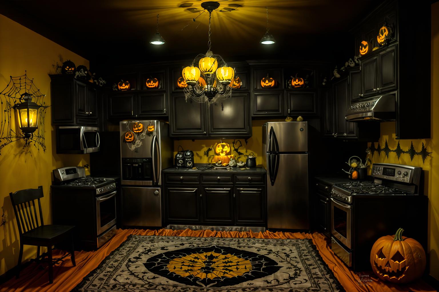 halloween-style (kitchen living combo interior) with coffee tables and chairs and refrigerator and stove and furniture and televisions and sink and rug. . with spiderwebs and lanterns and cobwebs and human skulls and lanterns and glowing pumpkins and skeletons sitting and standing and yellow black balloons. . cinematic photo, highly detailed, cinematic lighting, ultra-detailed, ultrarealistic, photorealism, 8k. halloween interior design style. masterpiece, cinematic light, ultrarealistic+, photorealistic+, 8k, raw photo, realistic, sharp focus on eyes, (symmetrical eyes), (intact eyes), hyperrealistic, highest quality, best quality, , highly detailed, masterpiece, best quality, extremely detailed 8k wallpaper, masterpiece, best quality, ultra-detailed, best shadow, detailed background, detailed face, detailed eyes, high contrast, best illumination, detailed face, dulux, caustic, dynamic angle, detailed glow. dramatic lighting. highly detailed, insanely detailed hair, symmetrical, intricate details, professionally retouched, 8k high definition. strong bokeh. award winning photo.