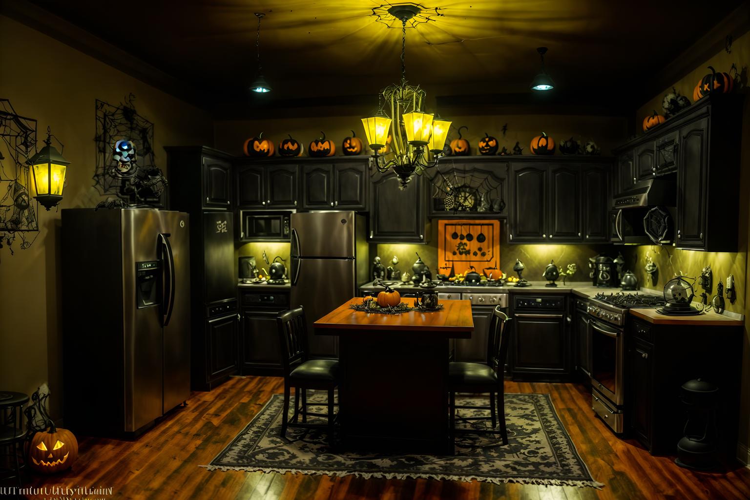 halloween-style (kitchen living combo interior) with coffee tables and chairs and refrigerator and stove and furniture and televisions and sink and rug. . with spiderwebs and lanterns and cobwebs and human skulls and lanterns and glowing pumpkins and skeletons sitting and standing and yellow black balloons. . cinematic photo, highly detailed, cinematic lighting, ultra-detailed, ultrarealistic, photorealism, 8k. halloween interior design style. masterpiece, cinematic light, ultrarealistic+, photorealistic+, 8k, raw photo, realistic, sharp focus on eyes, (symmetrical eyes), (intact eyes), hyperrealistic, highest quality, best quality, , highly detailed, masterpiece, best quality, extremely detailed 8k wallpaper, masterpiece, best quality, ultra-detailed, best shadow, detailed background, detailed face, detailed eyes, high contrast, best illumination, detailed face, dulux, caustic, dynamic angle, detailed glow. dramatic lighting. highly detailed, insanely detailed hair, symmetrical, intricate details, professionally retouched, 8k high definition. strong bokeh. award winning photo.