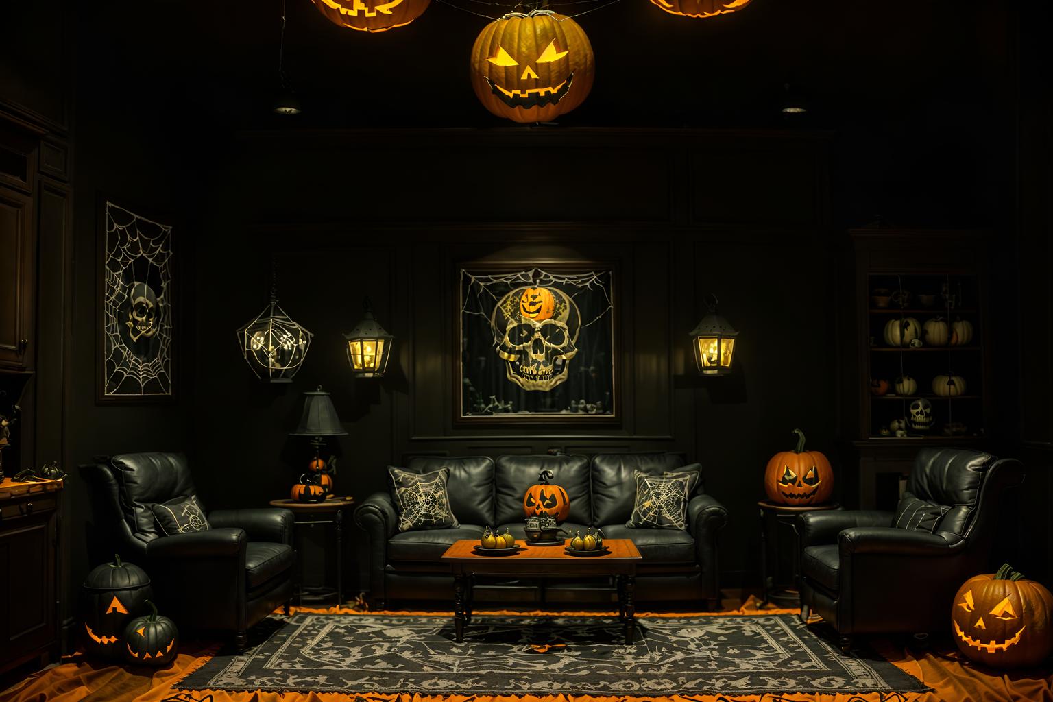 halloween-style (kitchen living combo interior) with coffee tables and chairs and refrigerator and stove and furniture and televisions and sink and rug. . with spiderwebs and lanterns and cobwebs and human skulls and lanterns and glowing pumpkins and skeletons sitting and standing and yellow black balloons. . cinematic photo, highly detailed, cinematic lighting, ultra-detailed, ultrarealistic, photorealism, 8k. halloween interior design style. masterpiece, cinematic light, ultrarealistic+, photorealistic+, 8k, raw photo, realistic, sharp focus on eyes, (symmetrical eyes), (intact eyes), hyperrealistic, highest quality, best quality, , highly detailed, masterpiece, best quality, extremely detailed 8k wallpaper, masterpiece, best quality, ultra-detailed, best shadow, detailed background, detailed face, detailed eyes, high contrast, best illumination, detailed face, dulux, caustic, dynamic angle, detailed glow. dramatic lighting. highly detailed, insanely detailed hair, symmetrical, intricate details, professionally retouched, 8k high definition. strong bokeh. award winning photo.