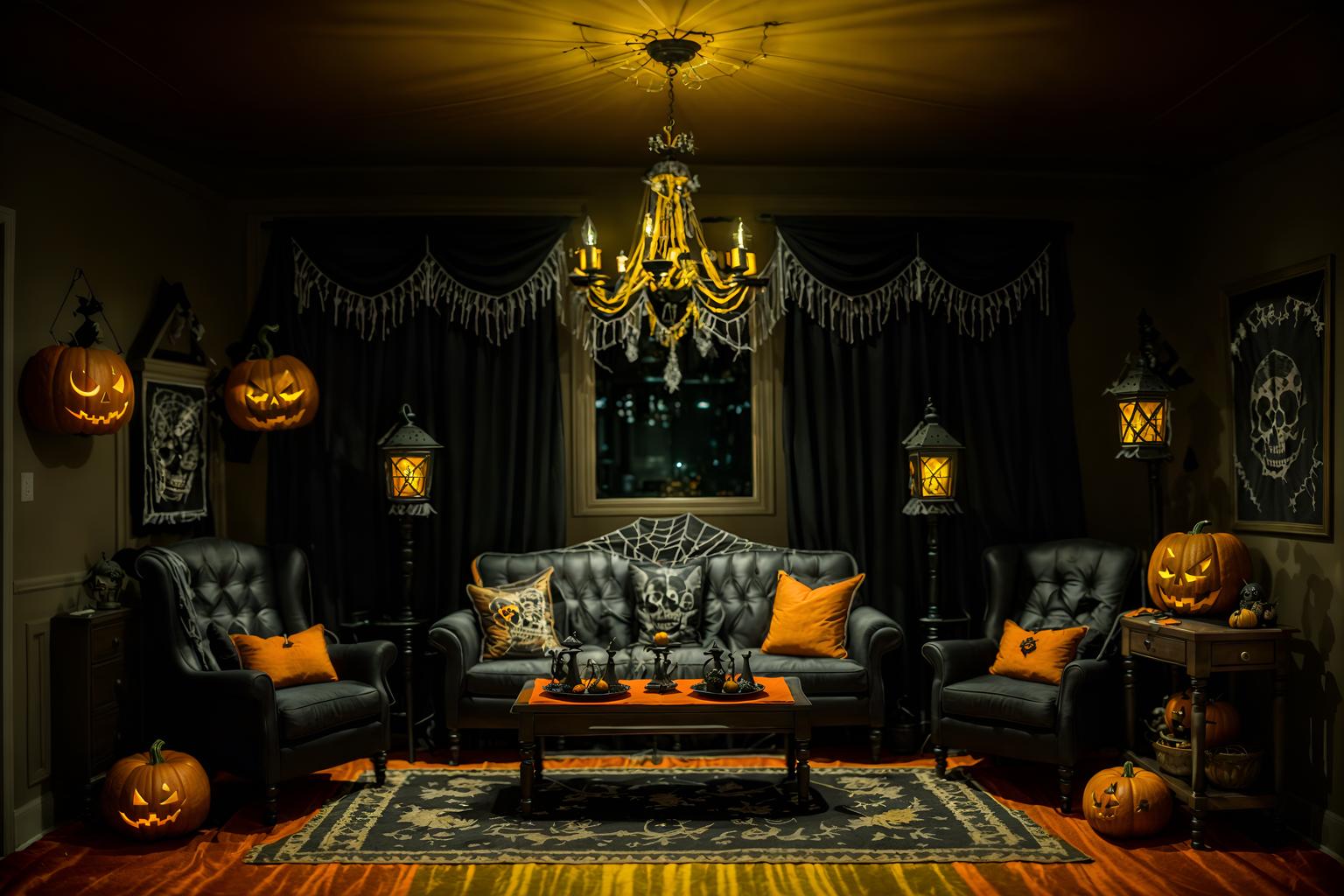 halloween-style (kitchen living combo interior) with coffee tables and chairs and refrigerator and stove and furniture and televisions and sink and rug. . with spiderwebs and lanterns and cobwebs and human skulls and lanterns and glowing pumpkins and skeletons sitting and standing and yellow black balloons. . cinematic photo, highly detailed, cinematic lighting, ultra-detailed, ultrarealistic, photorealism, 8k. halloween interior design style. masterpiece, cinematic light, ultrarealistic+, photorealistic+, 8k, raw photo, realistic, sharp focus on eyes, (symmetrical eyes), (intact eyes), hyperrealistic, highest quality, best quality, , highly detailed, masterpiece, best quality, extremely detailed 8k wallpaper, masterpiece, best quality, ultra-detailed, best shadow, detailed background, detailed face, detailed eyes, high contrast, best illumination, detailed face, dulux, caustic, dynamic angle, detailed glow. dramatic lighting. highly detailed, insanely detailed hair, symmetrical, intricate details, professionally retouched, 8k high definition. strong bokeh. award winning photo.