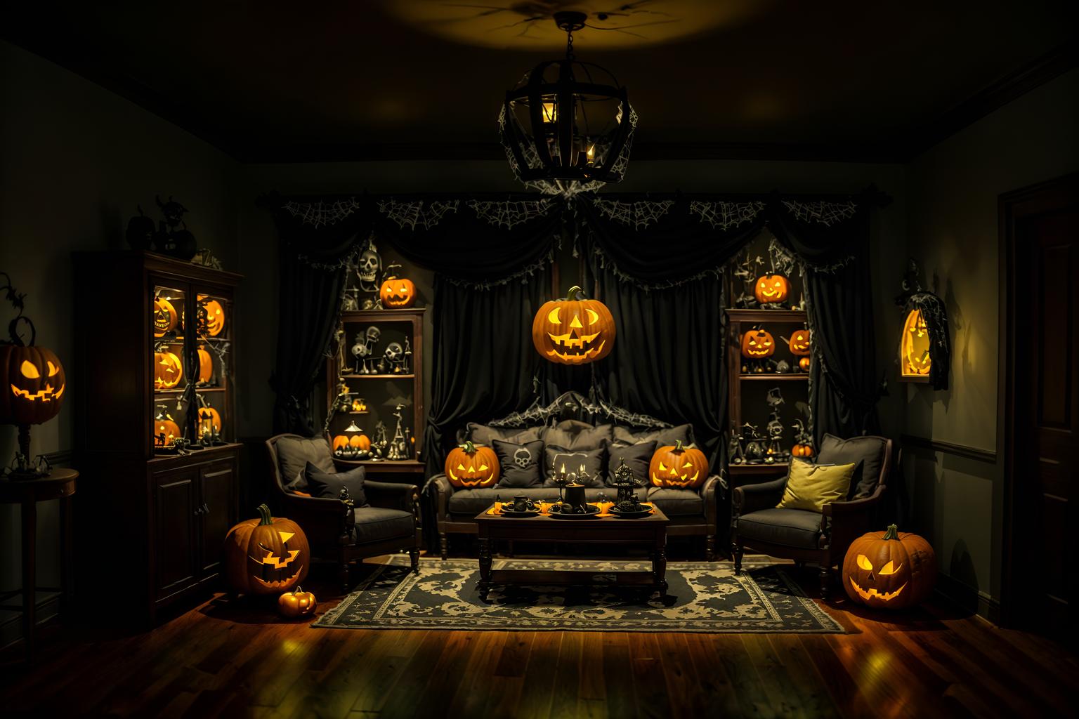 halloween-style (kitchen living combo interior) with coffee tables and chairs and refrigerator and stove and furniture and televisions and sink and rug. . with spiderwebs and lanterns and cobwebs and human skulls and lanterns and glowing pumpkins and skeletons sitting and standing and yellow black balloons. . cinematic photo, highly detailed, cinematic lighting, ultra-detailed, ultrarealistic, photorealism, 8k. halloween interior design style. masterpiece, cinematic light, ultrarealistic+, photorealistic+, 8k, raw photo, realistic, sharp focus on eyes, (symmetrical eyes), (intact eyes), hyperrealistic, highest quality, best quality, , highly detailed, masterpiece, best quality, extremely detailed 8k wallpaper, masterpiece, best quality, ultra-detailed, best shadow, detailed background, detailed face, detailed eyes, high contrast, best illumination, detailed face, dulux, caustic, dynamic angle, detailed glow. dramatic lighting. highly detailed, insanely detailed hair, symmetrical, intricate details, professionally retouched, 8k high definition. strong bokeh. award winning photo.