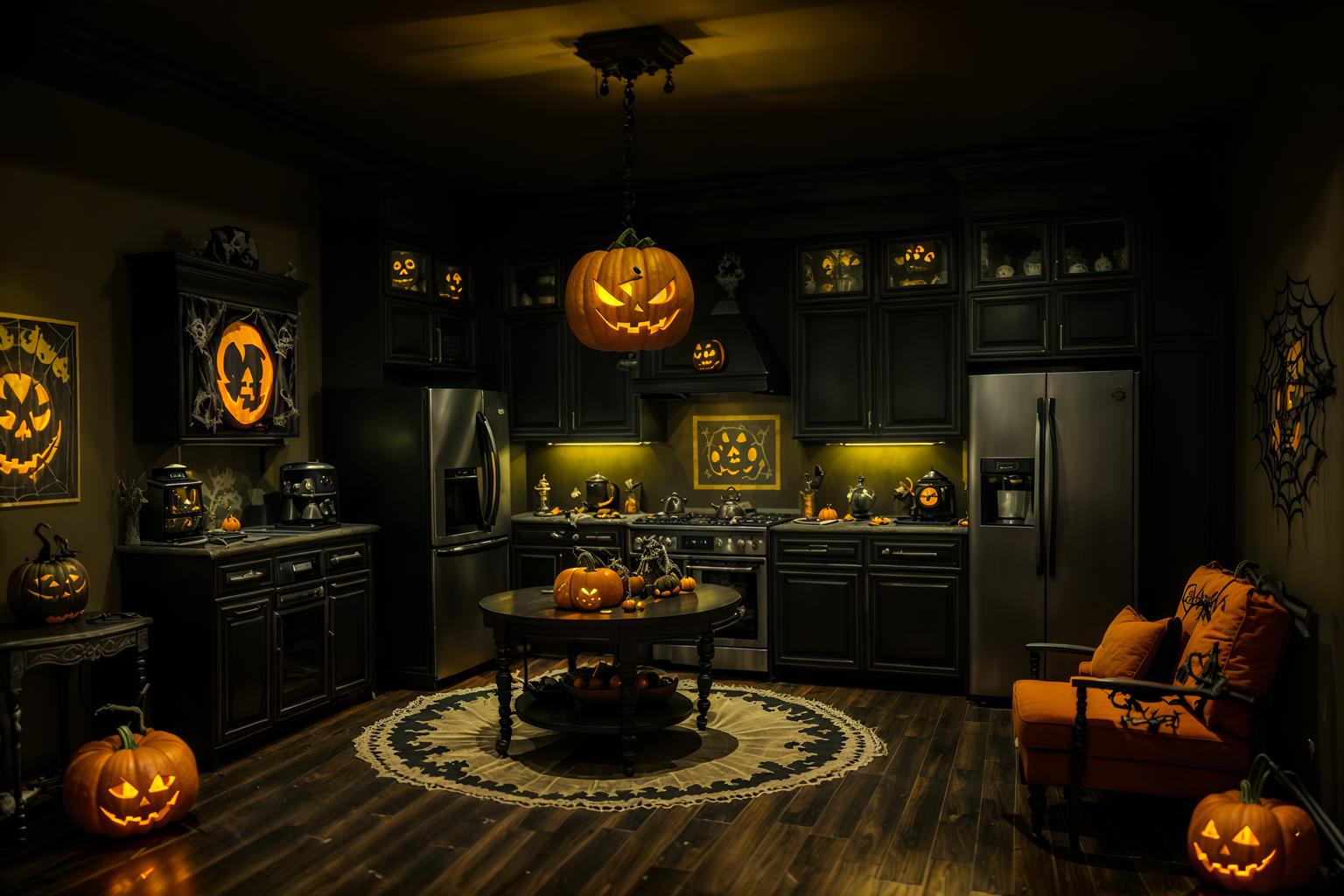 halloween-style (kitchen living combo interior) with coffee tables and chairs and refrigerator and stove and furniture and televisions and sink and rug. . with spiderwebs and lanterns and cobwebs and human skulls and lanterns and glowing pumpkins and skeletons sitting and standing and yellow black balloons. . cinematic photo, highly detailed, cinematic lighting, ultra-detailed, ultrarealistic, photorealism, 8k. halloween interior design style. masterpiece, cinematic light, ultrarealistic+, photorealistic+, 8k, raw photo, realistic, sharp focus on eyes, (symmetrical eyes), (intact eyes), hyperrealistic, highest quality, best quality, , highly detailed, masterpiece, best quality, extremely detailed 8k wallpaper, masterpiece, best quality, ultra-detailed, best shadow, detailed background, detailed face, detailed eyes, high contrast, best illumination, detailed face, dulux, caustic, dynamic angle, detailed glow. dramatic lighting. highly detailed, insanely detailed hair, symmetrical, intricate details, professionally retouched, 8k high definition. strong bokeh. award winning photo.