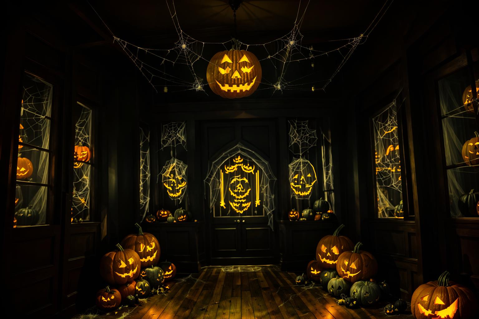 halloween-style (clothing store interior) . with cobwebs and spiderwebs and cobwebs and glowing pumpkins and human skulls and lanterns and yellow black balloons and lanterns. . cinematic photo, highly detailed, cinematic lighting, ultra-detailed, ultrarealistic, photorealism, 8k. halloween interior design style. masterpiece, cinematic light, ultrarealistic+, photorealistic+, 8k, raw photo, realistic, sharp focus on eyes, (symmetrical eyes), (intact eyes), hyperrealistic, highest quality, best quality, , highly detailed, masterpiece, best quality, extremely detailed 8k wallpaper, masterpiece, best quality, ultra-detailed, best shadow, detailed background, detailed face, detailed eyes, high contrast, best illumination, detailed face, dulux, caustic, dynamic angle, detailed glow. dramatic lighting. highly detailed, insanely detailed hair, symmetrical, intricate details, professionally retouched, 8k high definition. strong bokeh. award winning photo.