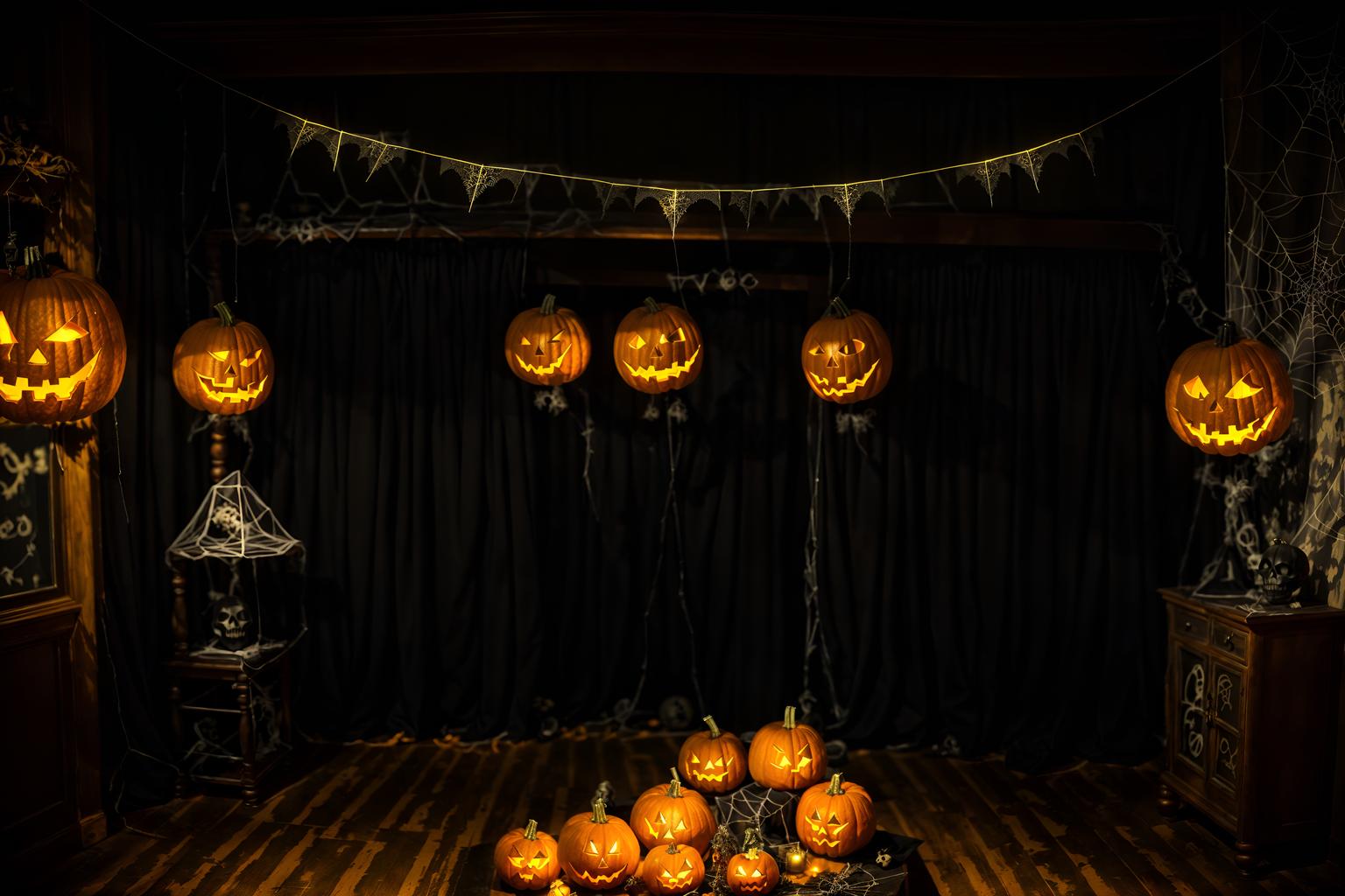 halloween-style (clothing store interior) . with cobwebs and spiderwebs and cobwebs and glowing pumpkins and human skulls and lanterns and yellow black balloons and lanterns. . cinematic photo, highly detailed, cinematic lighting, ultra-detailed, ultrarealistic, photorealism, 8k. halloween interior design style. masterpiece, cinematic light, ultrarealistic+, photorealistic+, 8k, raw photo, realistic, sharp focus on eyes, (symmetrical eyes), (intact eyes), hyperrealistic, highest quality, best quality, , highly detailed, masterpiece, best quality, extremely detailed 8k wallpaper, masterpiece, best quality, ultra-detailed, best shadow, detailed background, detailed face, detailed eyes, high contrast, best illumination, detailed face, dulux, caustic, dynamic angle, detailed glow. dramatic lighting. highly detailed, insanely detailed hair, symmetrical, intricate details, professionally retouched, 8k high definition. strong bokeh. award winning photo.