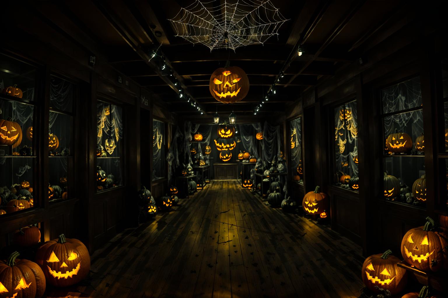 halloween-style (clothing store interior) . with cobwebs and spiderwebs and cobwebs and glowing pumpkins and human skulls and lanterns and yellow black balloons and lanterns. . cinematic photo, highly detailed, cinematic lighting, ultra-detailed, ultrarealistic, photorealism, 8k. halloween interior design style. masterpiece, cinematic light, ultrarealistic+, photorealistic+, 8k, raw photo, realistic, sharp focus on eyes, (symmetrical eyes), (intact eyes), hyperrealistic, highest quality, best quality, , highly detailed, masterpiece, best quality, extremely detailed 8k wallpaper, masterpiece, best quality, ultra-detailed, best shadow, detailed background, detailed face, detailed eyes, high contrast, best illumination, detailed face, dulux, caustic, dynamic angle, detailed glow. dramatic lighting. highly detailed, insanely detailed hair, symmetrical, intricate details, professionally retouched, 8k high definition. strong bokeh. award winning photo.