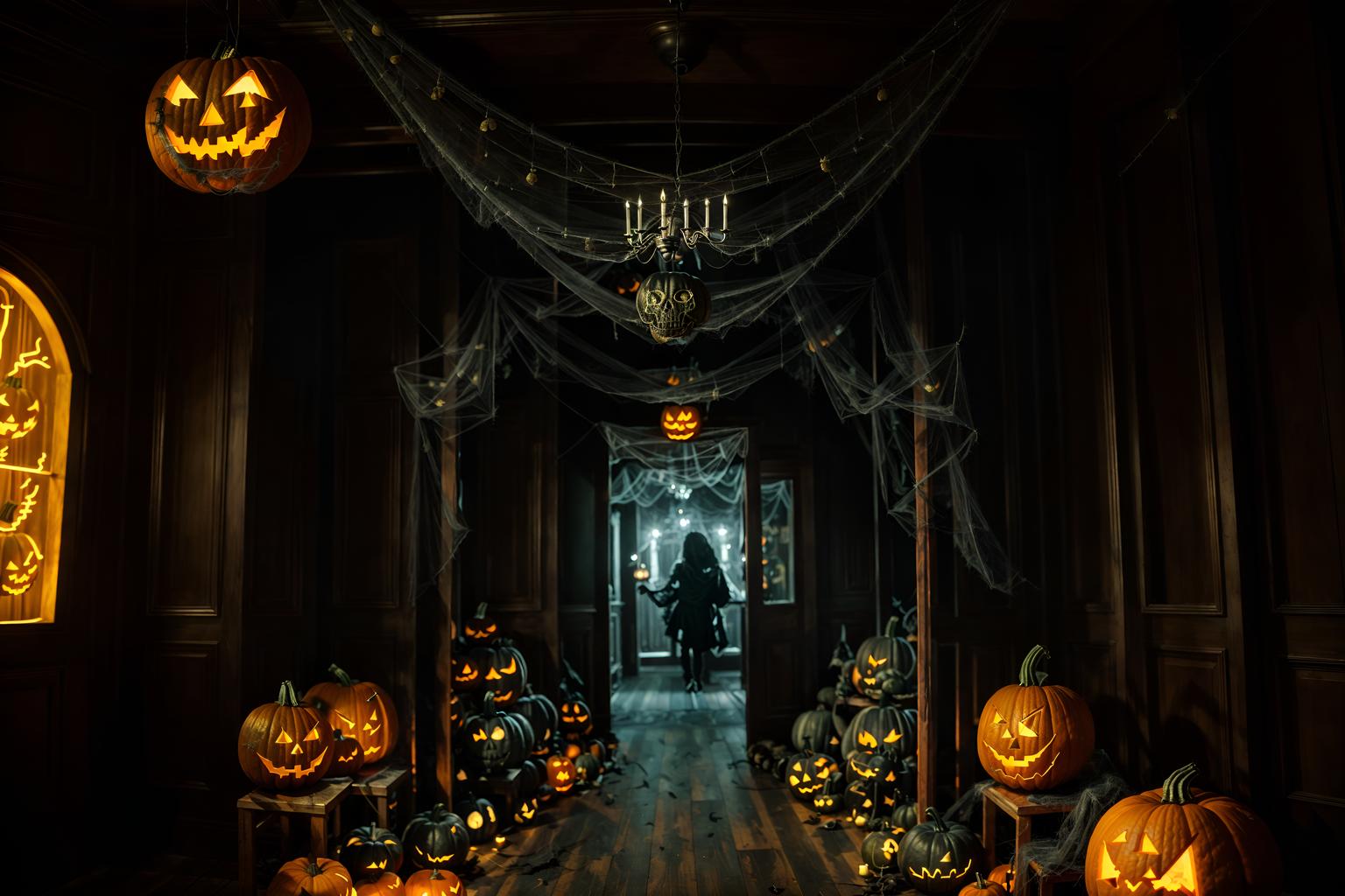 halloween-style (clothing store interior) . with cobwebs and spiderwebs and cobwebs and glowing pumpkins and human skulls and lanterns and yellow black balloons and lanterns. . cinematic photo, highly detailed, cinematic lighting, ultra-detailed, ultrarealistic, photorealism, 8k. halloween interior design style. masterpiece, cinematic light, ultrarealistic+, photorealistic+, 8k, raw photo, realistic, sharp focus on eyes, (symmetrical eyes), (intact eyes), hyperrealistic, highest quality, best quality, , highly detailed, masterpiece, best quality, extremely detailed 8k wallpaper, masterpiece, best quality, ultra-detailed, best shadow, detailed background, detailed face, detailed eyes, high contrast, best illumination, detailed face, dulux, caustic, dynamic angle, detailed glow. dramatic lighting. highly detailed, insanely detailed hair, symmetrical, intricate details, professionally retouched, 8k high definition. strong bokeh. award winning photo.