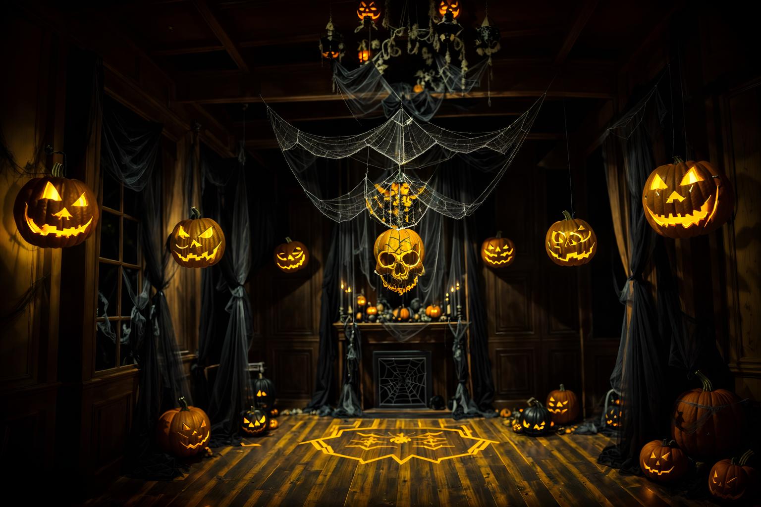 halloween-style (clothing store interior) . with cobwebs and spiderwebs and cobwebs and glowing pumpkins and human skulls and lanterns and yellow black balloons and lanterns. . cinematic photo, highly detailed, cinematic lighting, ultra-detailed, ultrarealistic, photorealism, 8k. halloween interior design style. masterpiece, cinematic light, ultrarealistic+, photorealistic+, 8k, raw photo, realistic, sharp focus on eyes, (symmetrical eyes), (intact eyes), hyperrealistic, highest quality, best quality, , highly detailed, masterpiece, best quality, extremely detailed 8k wallpaper, masterpiece, best quality, ultra-detailed, best shadow, detailed background, detailed face, detailed eyes, high contrast, best illumination, detailed face, dulux, caustic, dynamic angle, detailed glow. dramatic lighting. highly detailed, insanely detailed hair, symmetrical, intricate details, professionally retouched, 8k high definition. strong bokeh. award winning photo.