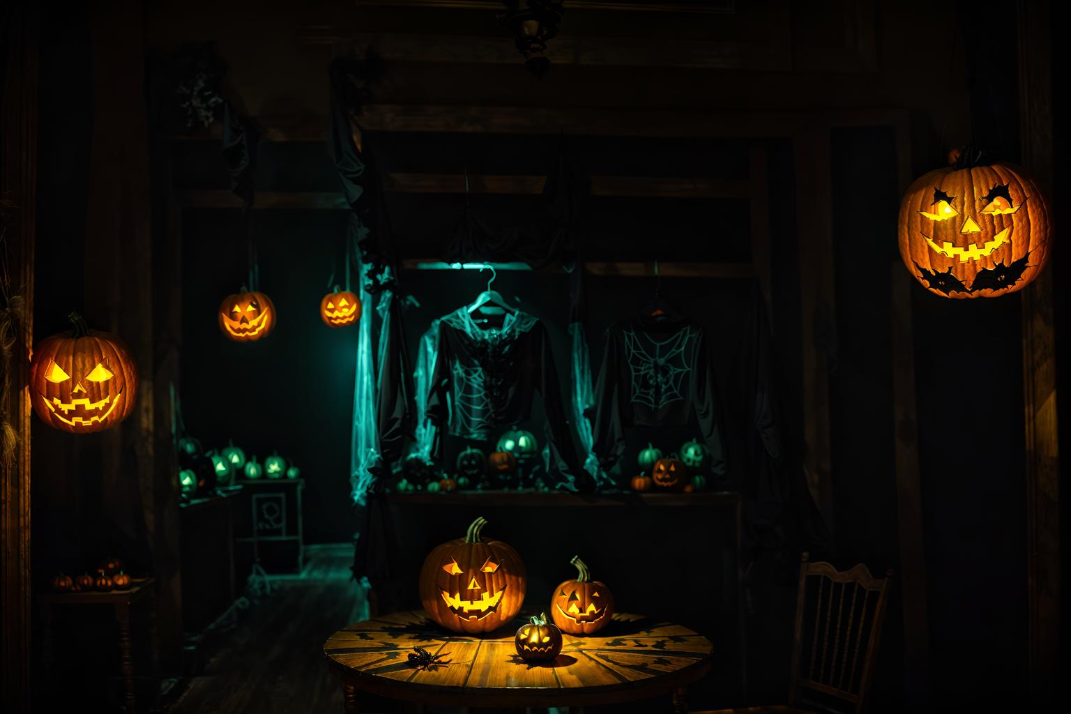 halloween-style (clothing store interior) . with cobwebs and spiderwebs and cobwebs and glowing pumpkins and human skulls and lanterns and yellow black balloons and lanterns. . cinematic photo, highly detailed, cinematic lighting, ultra-detailed, ultrarealistic, photorealism, 8k. halloween interior design style. masterpiece, cinematic light, ultrarealistic+, photorealistic+, 8k, raw photo, realistic, sharp focus on eyes, (symmetrical eyes), (intact eyes), hyperrealistic, highest quality, best quality, , highly detailed, masterpiece, best quality, extremely detailed 8k wallpaper, masterpiece, best quality, ultra-detailed, best shadow, detailed background, detailed face, detailed eyes, high contrast, best illumination, detailed face, dulux, caustic, dynamic angle, detailed glow. dramatic lighting. highly detailed, insanely detailed hair, symmetrical, intricate details, professionally retouched, 8k high definition. strong bokeh. award winning photo.