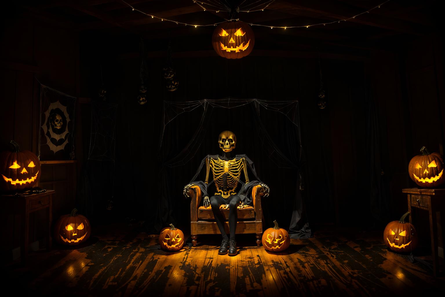 halloween-style (attic interior) . with glowing pumpkins and human skulls and yellow black balloons and cobwebs and lanterns and lanterns and spiderwebs and skeletons sitting and standing. . cinematic photo, highly detailed, cinematic lighting, ultra-detailed, ultrarealistic, photorealism, 8k. halloween interior design style. masterpiece, cinematic light, ultrarealistic+, photorealistic+, 8k, raw photo, realistic, sharp focus on eyes, (symmetrical eyes), (intact eyes), hyperrealistic, highest quality, best quality, , highly detailed, masterpiece, best quality, extremely detailed 8k wallpaper, masterpiece, best quality, ultra-detailed, best shadow, detailed background, detailed face, detailed eyes, high contrast, best illumination, detailed face, dulux, caustic, dynamic angle, detailed glow. dramatic lighting. highly detailed, insanely detailed hair, symmetrical, intricate details, professionally retouched, 8k high definition. strong bokeh. award winning photo.