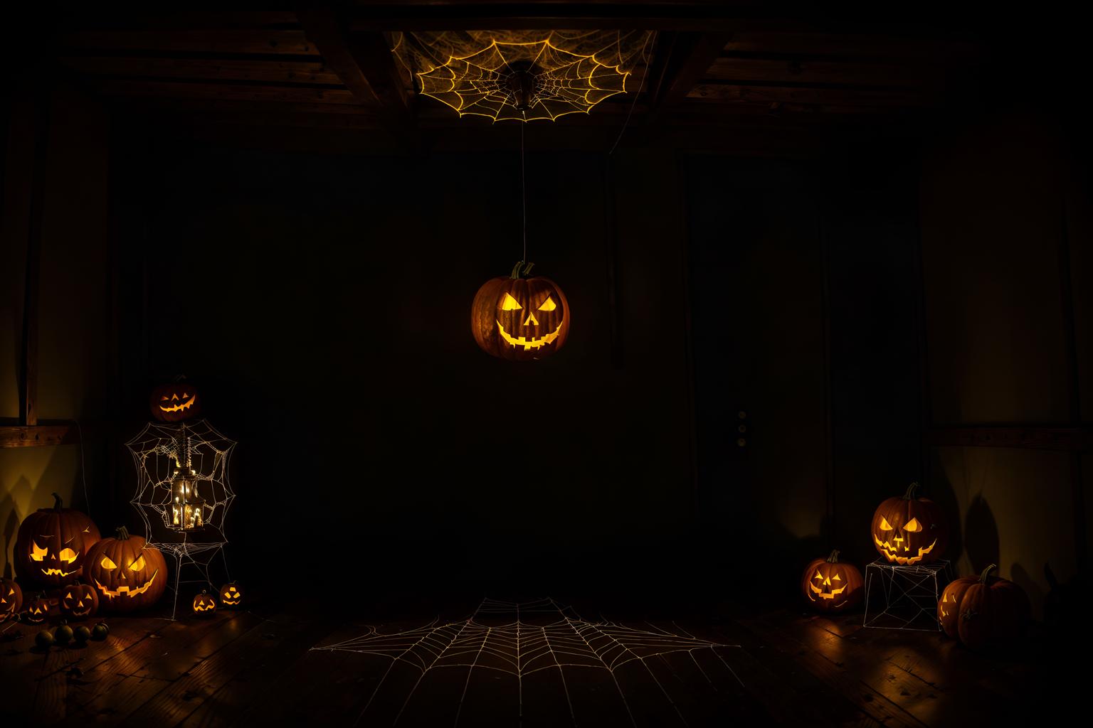 halloween-style (attic interior) . with glowing pumpkins and human skulls and yellow black balloons and cobwebs and lanterns and lanterns and spiderwebs and skeletons sitting and standing. . cinematic photo, highly detailed, cinematic lighting, ultra-detailed, ultrarealistic, photorealism, 8k. halloween interior design style. masterpiece, cinematic light, ultrarealistic+, photorealistic+, 8k, raw photo, realistic, sharp focus on eyes, (symmetrical eyes), (intact eyes), hyperrealistic, highest quality, best quality, , highly detailed, masterpiece, best quality, extremely detailed 8k wallpaper, masterpiece, best quality, ultra-detailed, best shadow, detailed background, detailed face, detailed eyes, high contrast, best illumination, detailed face, dulux, caustic, dynamic angle, detailed glow. dramatic lighting. highly detailed, insanely detailed hair, symmetrical, intricate details, professionally retouched, 8k high definition. strong bokeh. award winning photo.