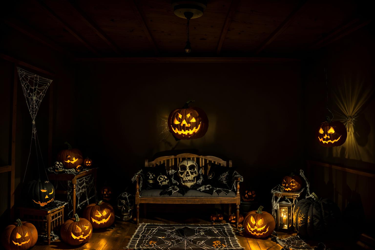 halloween-style (attic interior) . with glowing pumpkins and human skulls and yellow black balloons and cobwebs and lanterns and lanterns and spiderwebs and skeletons sitting and standing. . cinematic photo, highly detailed, cinematic lighting, ultra-detailed, ultrarealistic, photorealism, 8k. halloween interior design style. masterpiece, cinematic light, ultrarealistic+, photorealistic+, 8k, raw photo, realistic, sharp focus on eyes, (symmetrical eyes), (intact eyes), hyperrealistic, highest quality, best quality, , highly detailed, masterpiece, best quality, extremely detailed 8k wallpaper, masterpiece, best quality, ultra-detailed, best shadow, detailed background, detailed face, detailed eyes, high contrast, best illumination, detailed face, dulux, caustic, dynamic angle, detailed glow. dramatic lighting. highly detailed, insanely detailed hair, symmetrical, intricate details, professionally retouched, 8k high definition. strong bokeh. award winning photo.