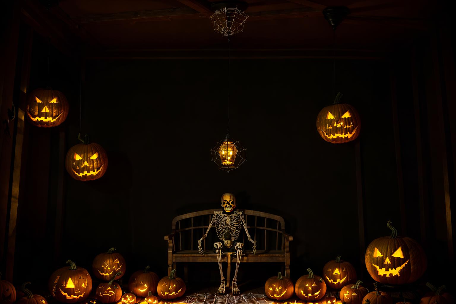 halloween-style (attic interior) . with glowing pumpkins and human skulls and yellow black balloons and cobwebs and lanterns and lanterns and spiderwebs and skeletons sitting and standing. . cinematic photo, highly detailed, cinematic lighting, ultra-detailed, ultrarealistic, photorealism, 8k. halloween interior design style. masterpiece, cinematic light, ultrarealistic+, photorealistic+, 8k, raw photo, realistic, sharp focus on eyes, (symmetrical eyes), (intact eyes), hyperrealistic, highest quality, best quality, , highly detailed, masterpiece, best quality, extremely detailed 8k wallpaper, masterpiece, best quality, ultra-detailed, best shadow, detailed background, detailed face, detailed eyes, high contrast, best illumination, detailed face, dulux, caustic, dynamic angle, detailed glow. dramatic lighting. highly detailed, insanely detailed hair, symmetrical, intricate details, professionally retouched, 8k high definition. strong bokeh. award winning photo.